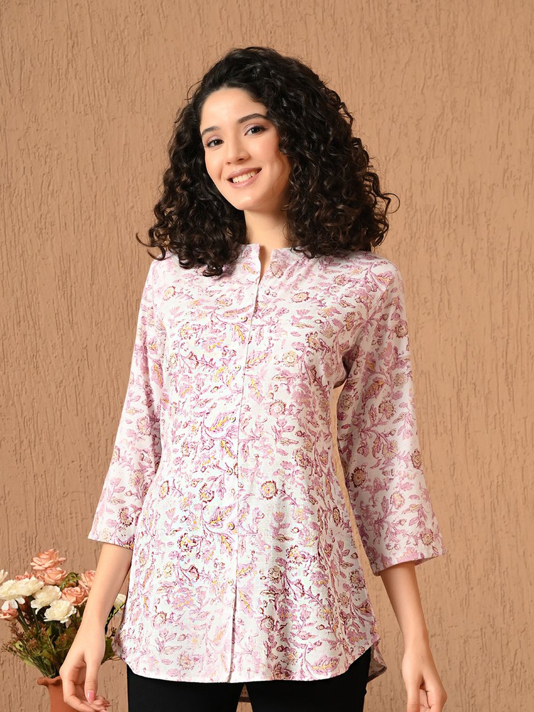 

MEESAN Mandarin Collar Printed Tunic, White