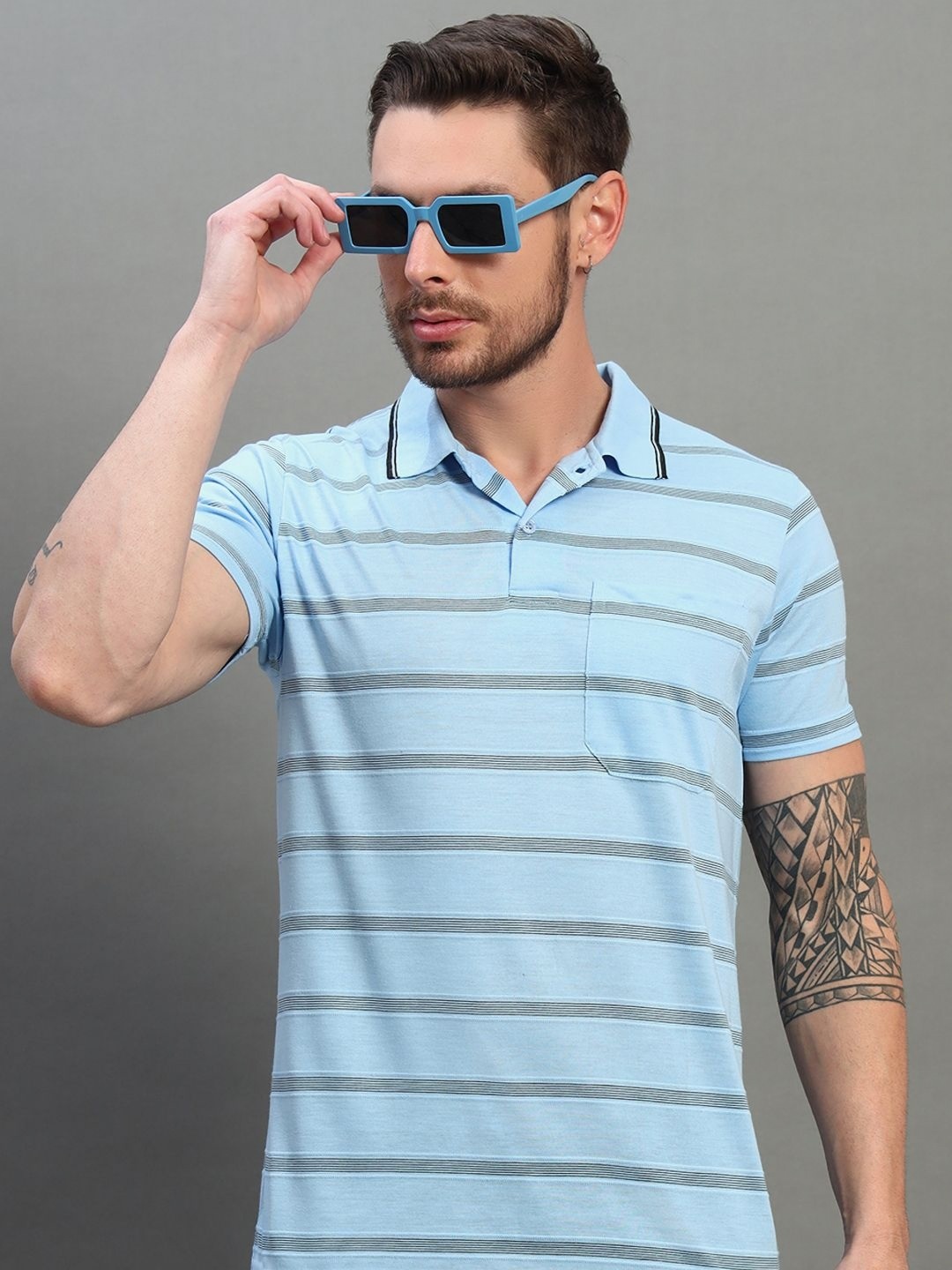 

RENUOVO Men Striped Polo Collar Cotton Slim Fit T-shirt, Green