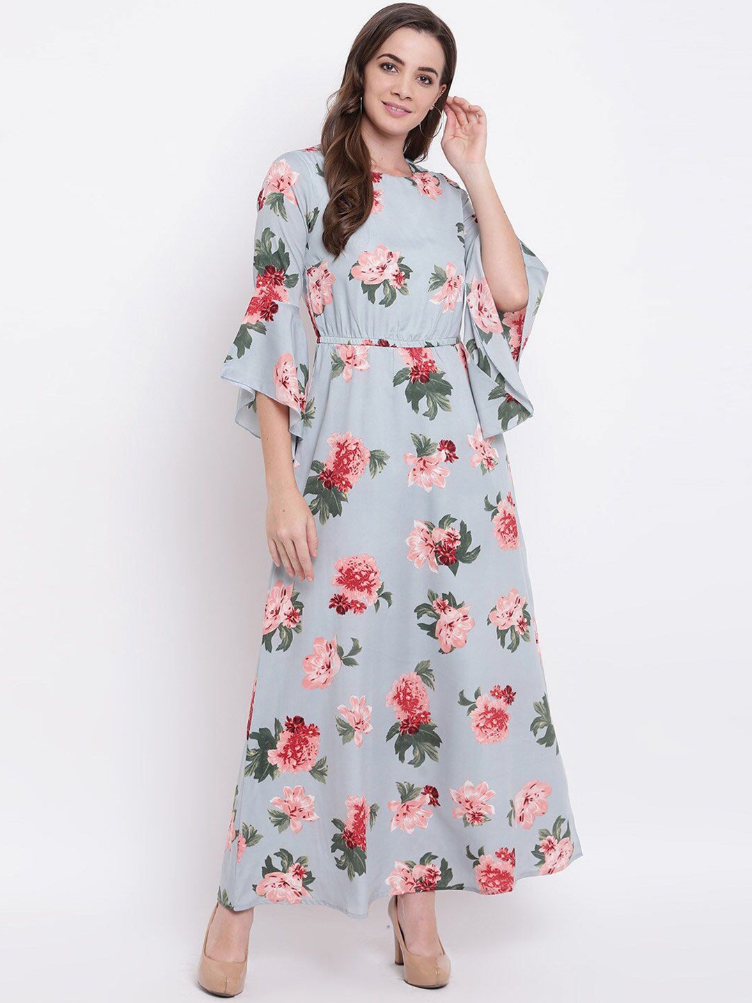 

DressBerry Women Floral Printed Bell Sleeve Crepe Fit-Flare Maxi Dress, Blue