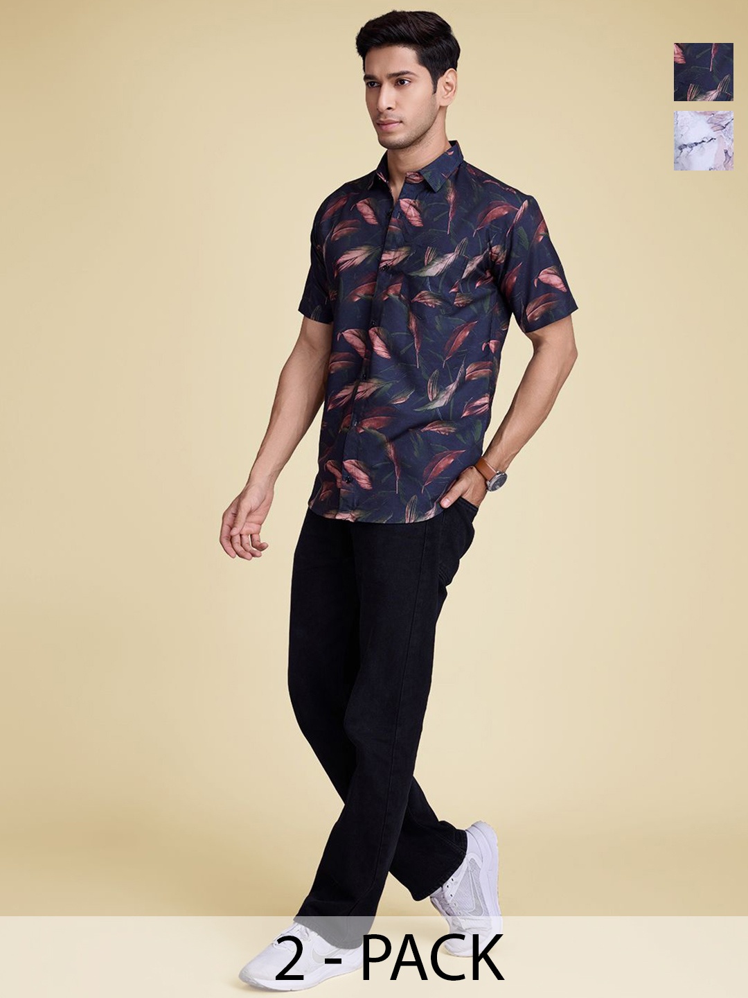 

Moda Rapido Men Pack Of 2 Standard Fit Spread Collar Floral Printed Cotton Casual Shirts, Navy blue