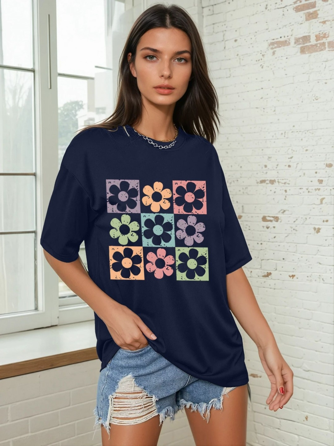 

CORSICA Women Floral Printed Round Neck Relaxed Fit T-shirt, Navy blue