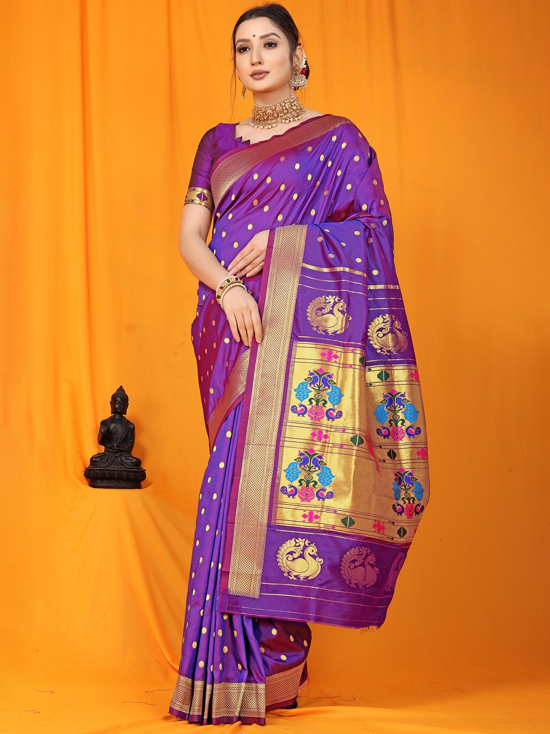 

Kandora Woven Design Zari Pure Silk Paithani Saree, Purple