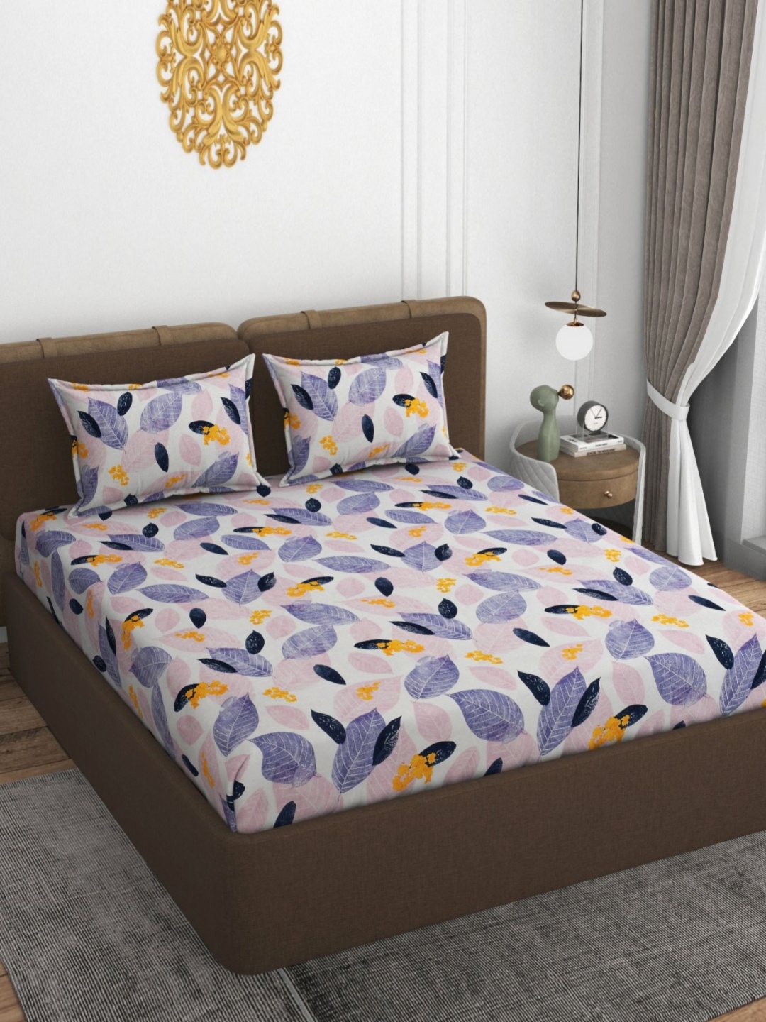 

VOMZER Purple & White Printed Cotton 210 TC Queen Bedsheet Set- 1.98 m x 1.53 m