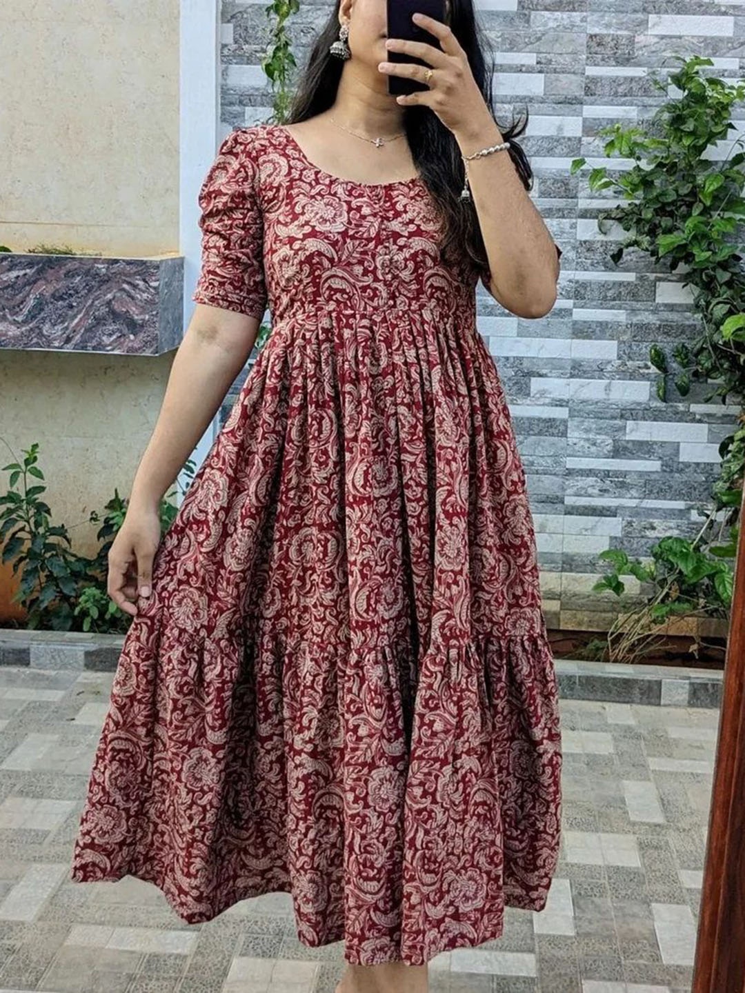 

Aasira Floral Printed Round Neck Cotton A-Line Dress, Maroon