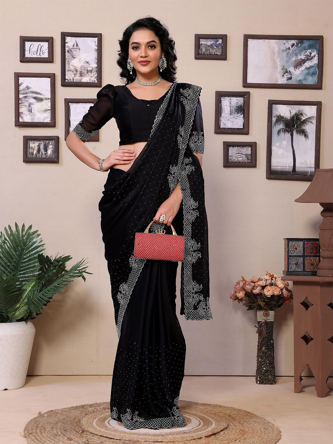 

Moda Rapido Embellished Mukaish Saree, Black