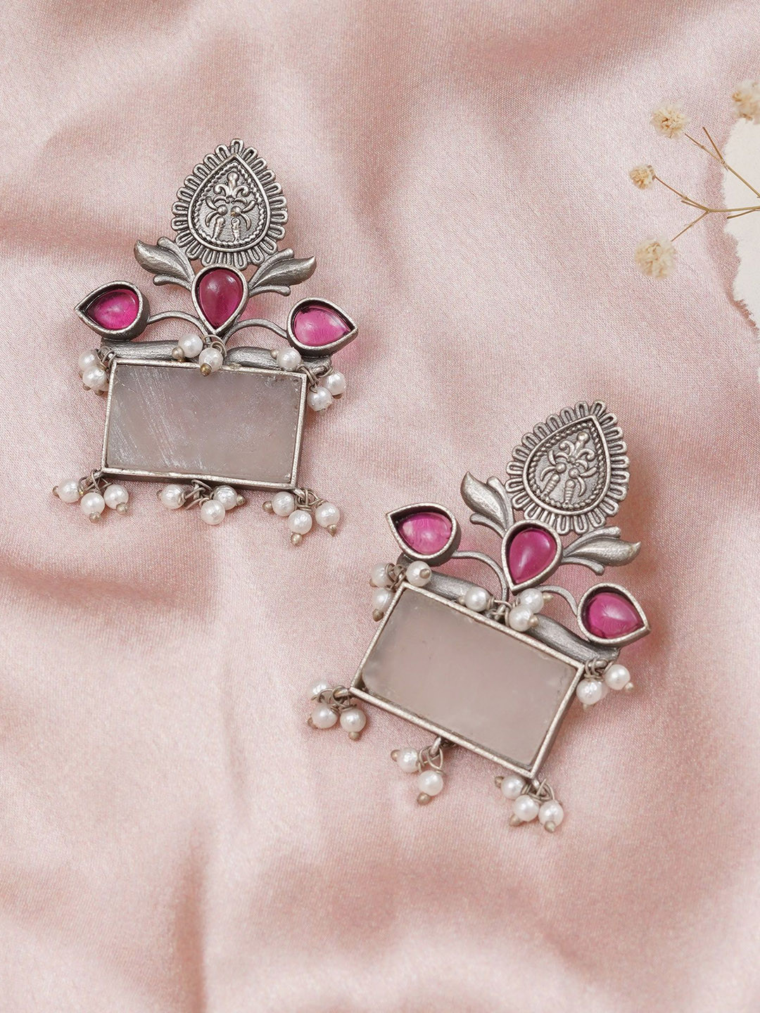 

JEWILLEY Silver-Plated Artificial Stone Studded And Beaded Contemporary Drop Earrings