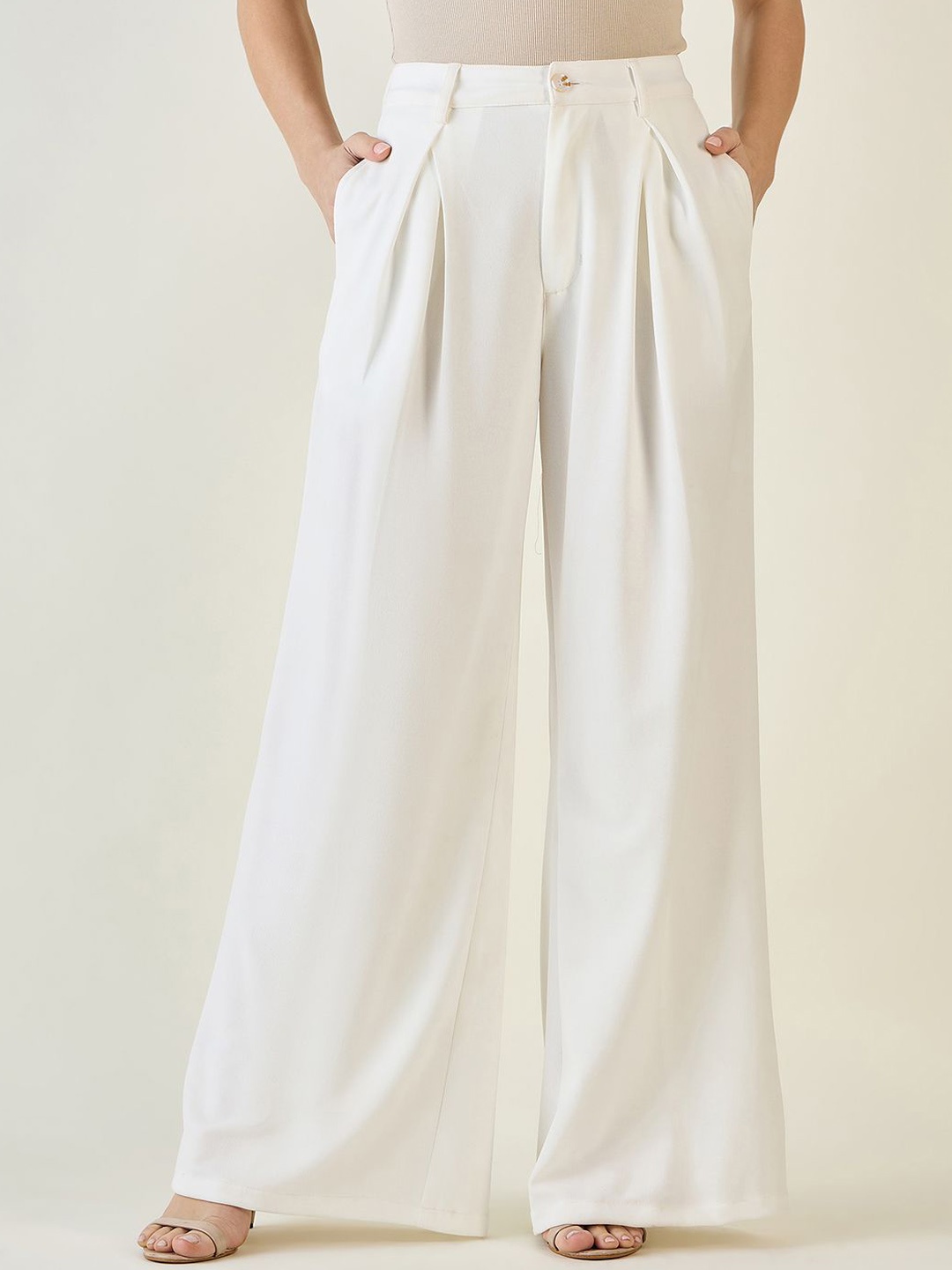 

aayu Women Relaxed Flared High-Rise Wrinkle Free Parallel Trousers, White
