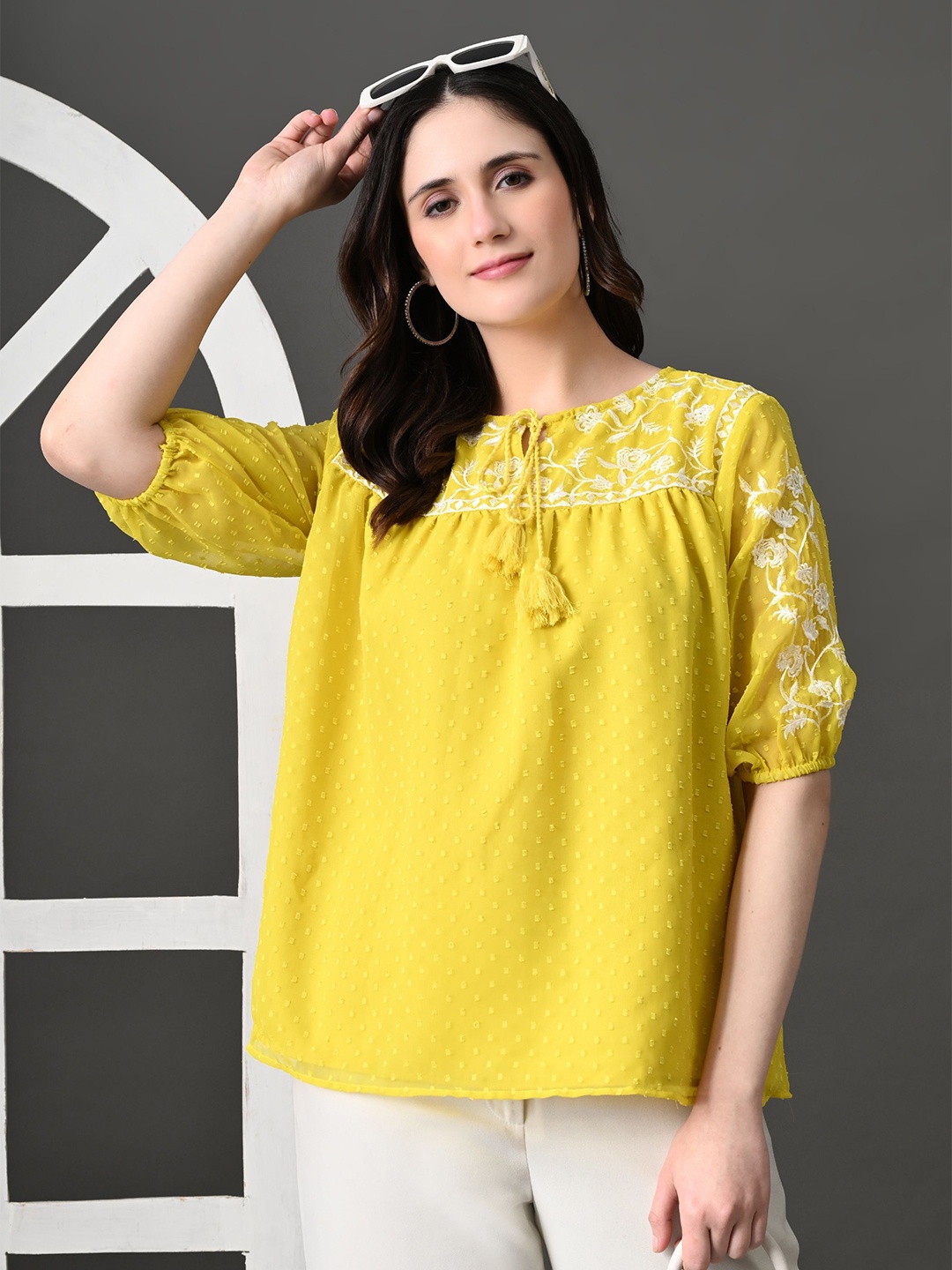 

HERE&NOW Embroidered Keyhole Neck Accordion Pleated Sleeves Georgette Top, Yellow