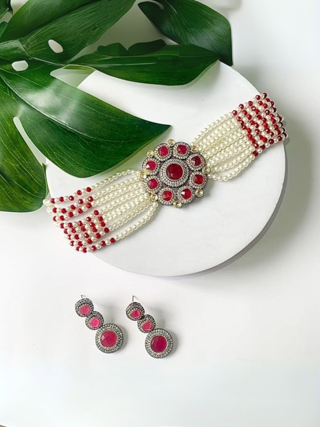 

I Jewels Artificial Stones Studded & Pearls Beaded Layered Jewellery Set, Pink