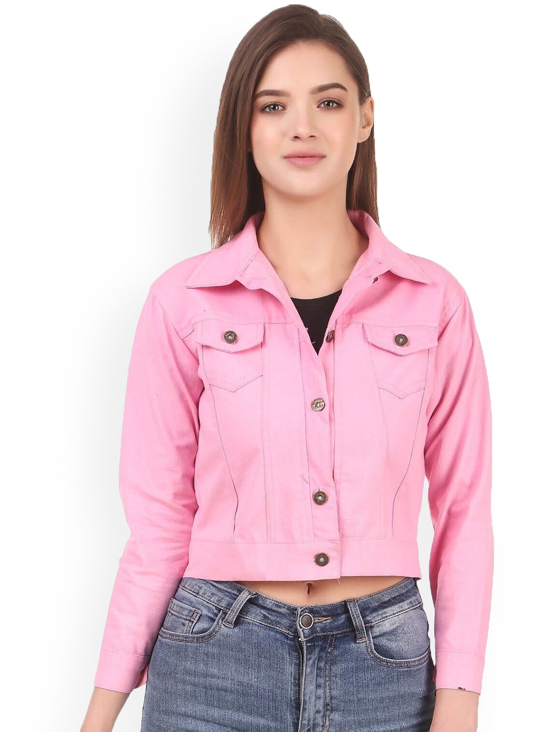 

KASHIAN Women Spread Collar Solid Casual Denim Jacket, Pink