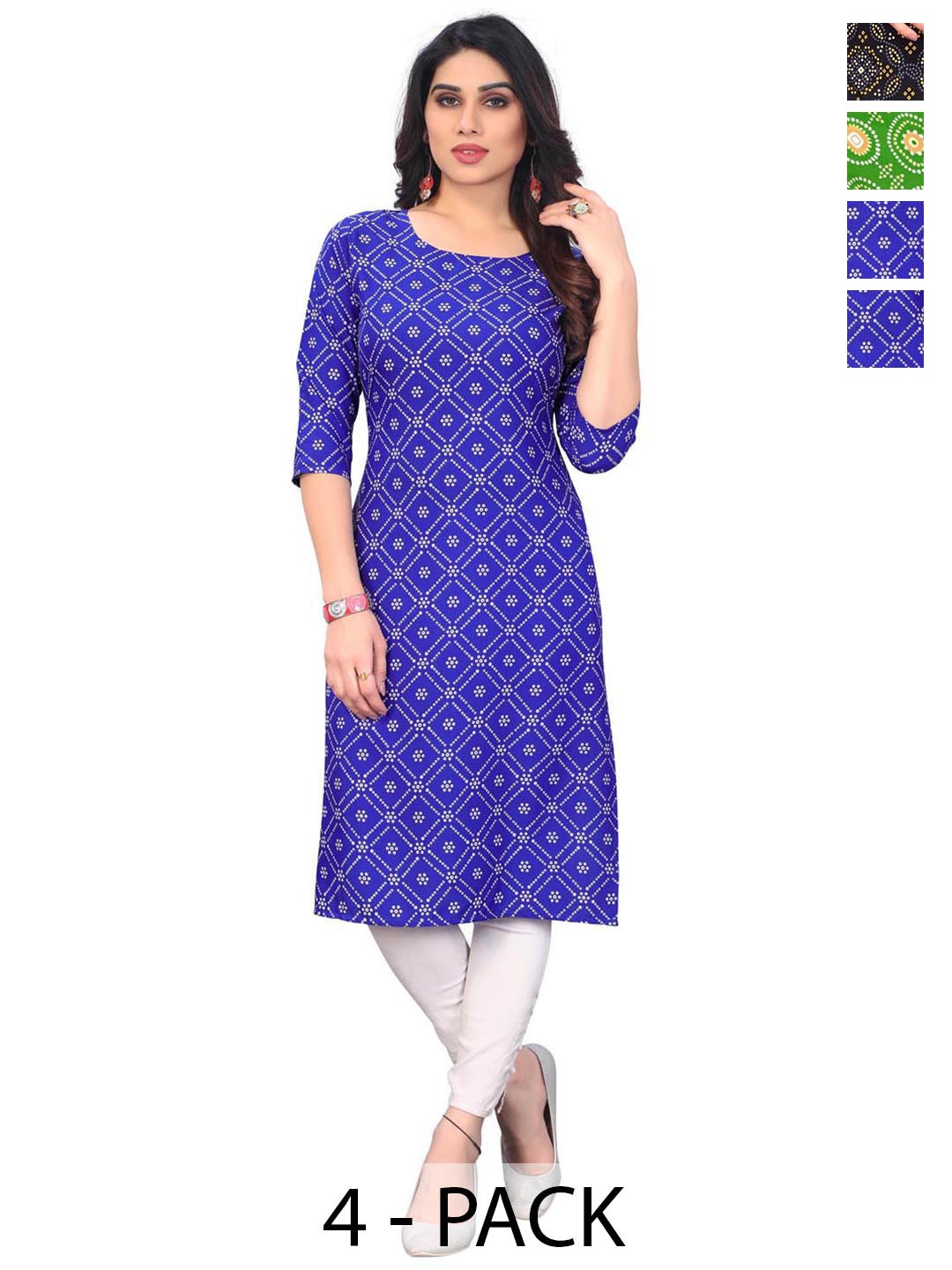 

KETAKI FASHION Selection Of 4 Bandhani Printed Round Neck Straight Kurtas, Blue