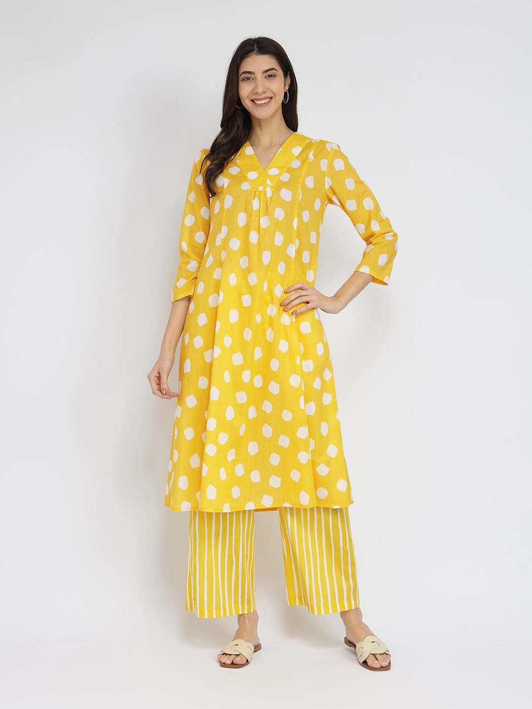 

Pink Fort Polka Dot Printed Pure Cotton A-Line Kurta with Trousers, Yellow