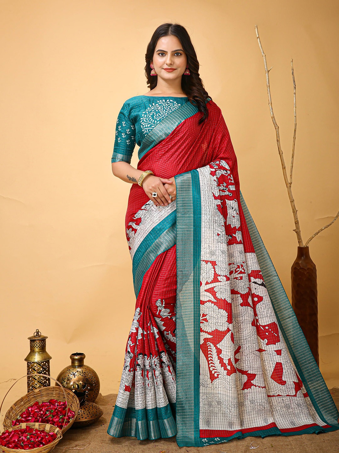 

KALINI Ethnic Motifs Zari Art Silk Banarasi Saree, Red