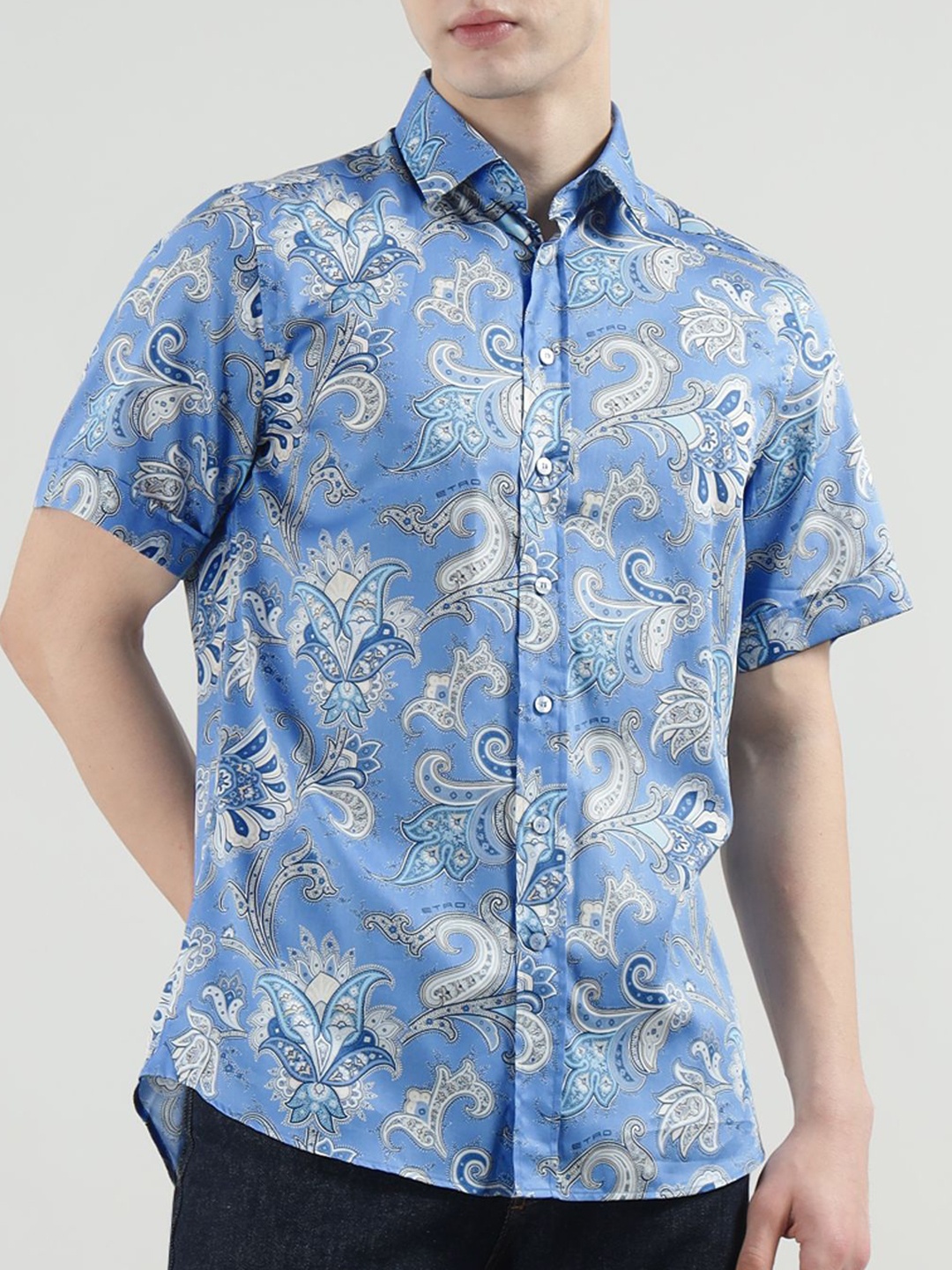 

ETRO Men Spread Collar Ethnic Motifs Printed Cotton Casual Shirt, Blue