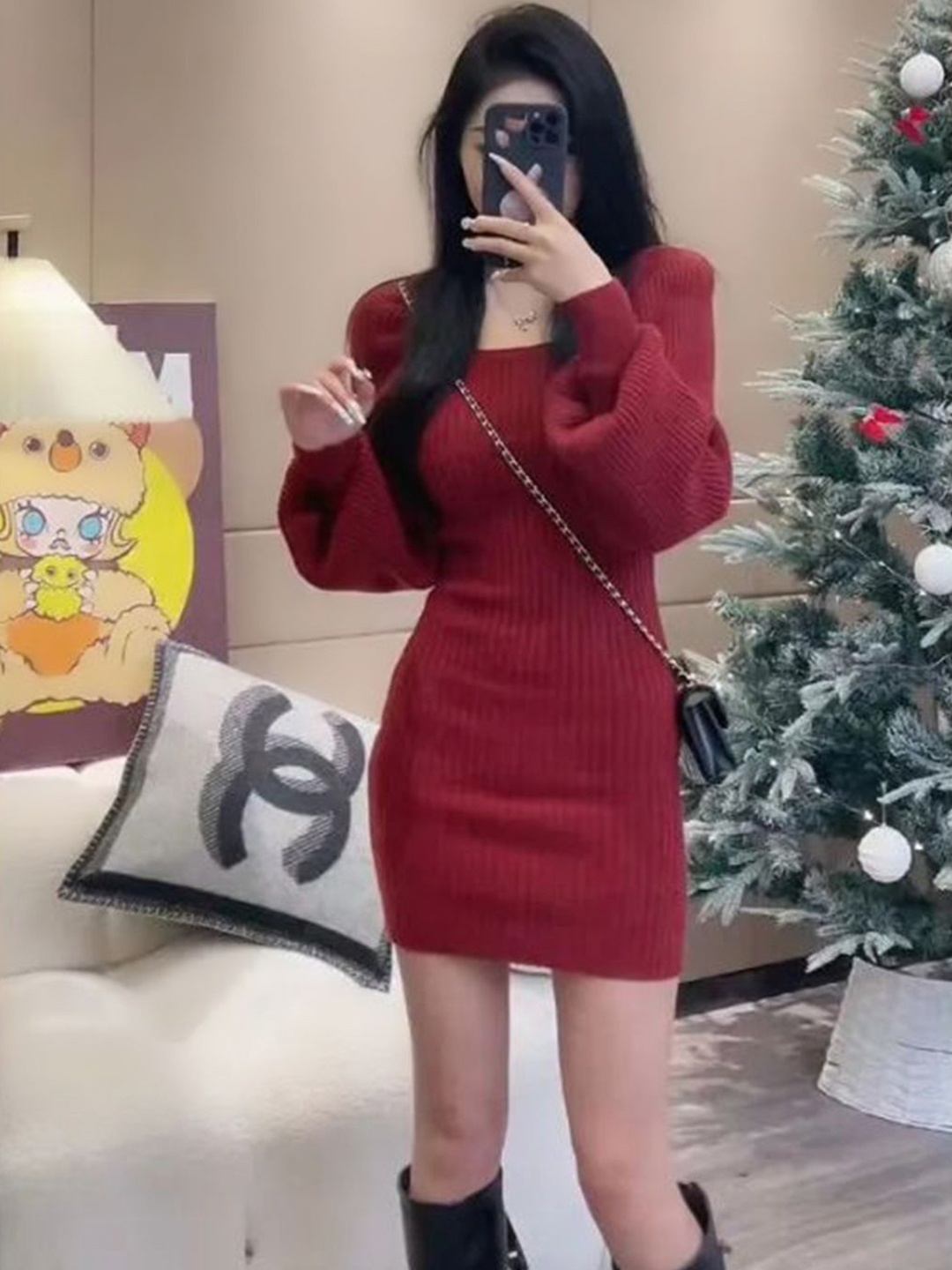 

bebe Bodycon Puff Sleeves Mini Dress, Red
