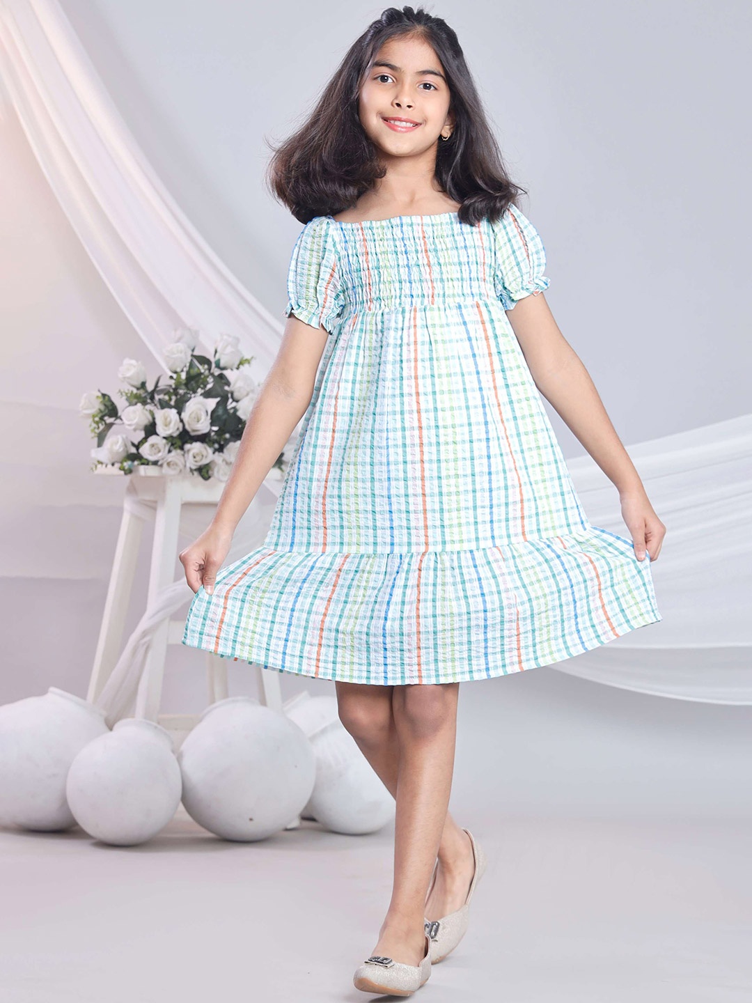 

BAESD Girls Checked Puff Sleeve Pure Cotton Fit & Flare Dress, Blue