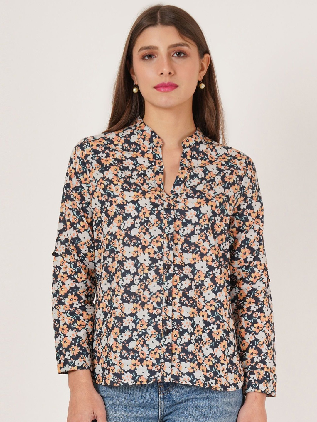 

IX IMPRESSION Women Floral Printed Mandarin Collar CottonShirt Style Top, Navy blue