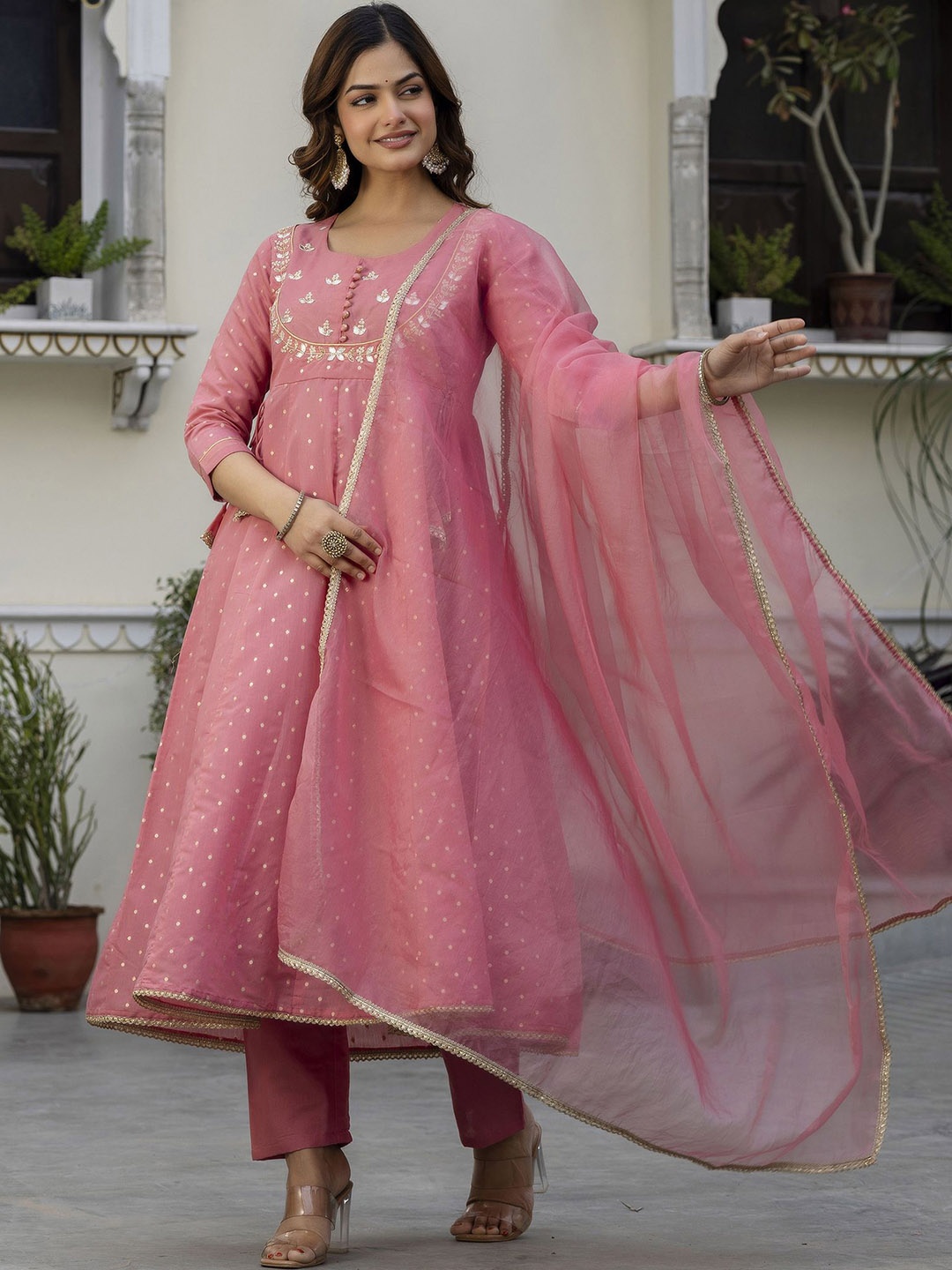 

EthniFlair Geometric Woven Design Chanderi Silk Anarkali Kurta With Trouser And Dupatta, Pink