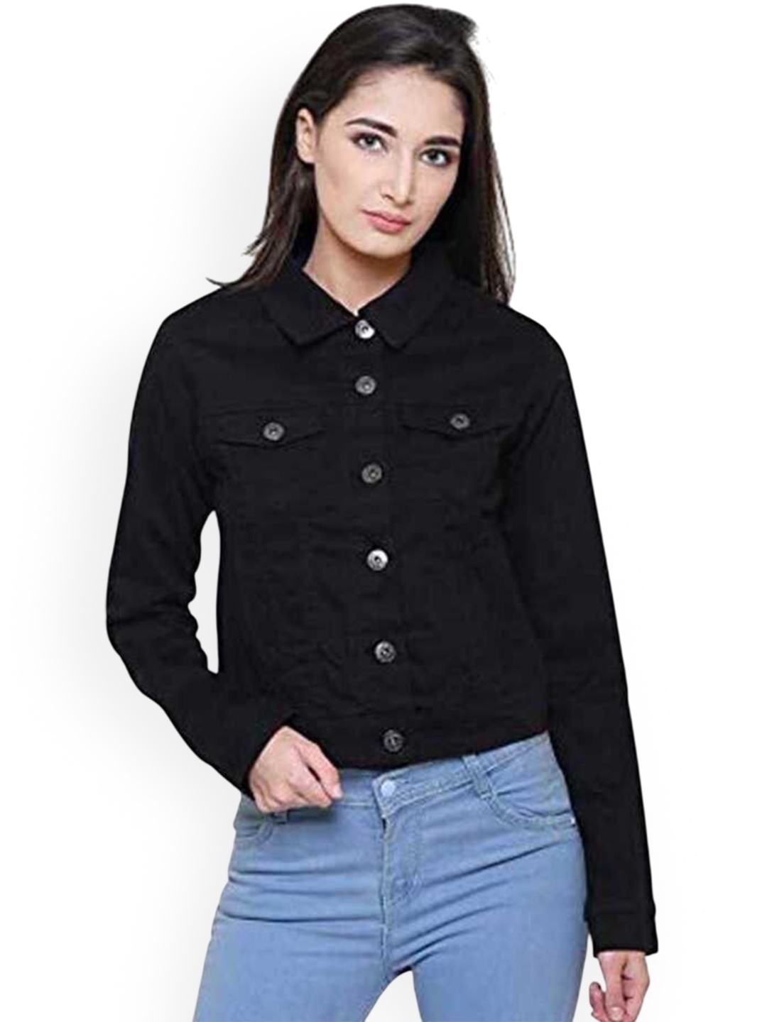 

KASHIAN Women Spread Collar Solid Casual Denim Jacket, Black