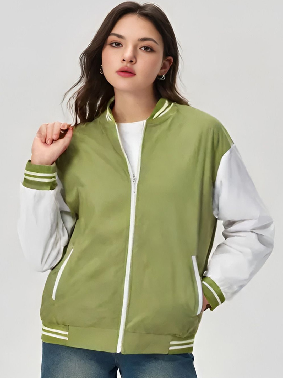 

Shiv traders collection Women Colourblocked Windcheater Oversized Bomber Jacket, Green