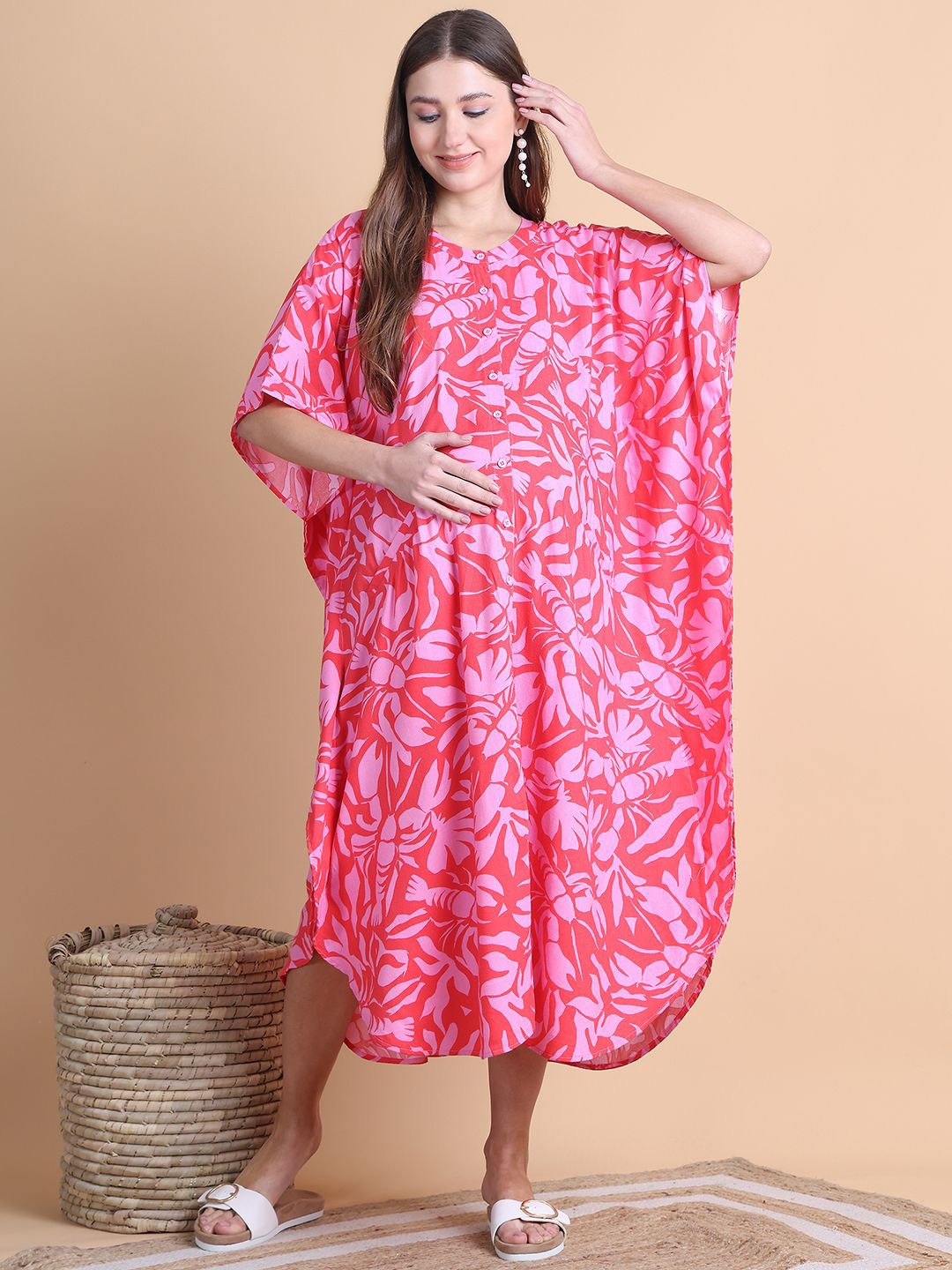 

Secret Wish Floral Printed Maternity Kaftan Dress, Pink