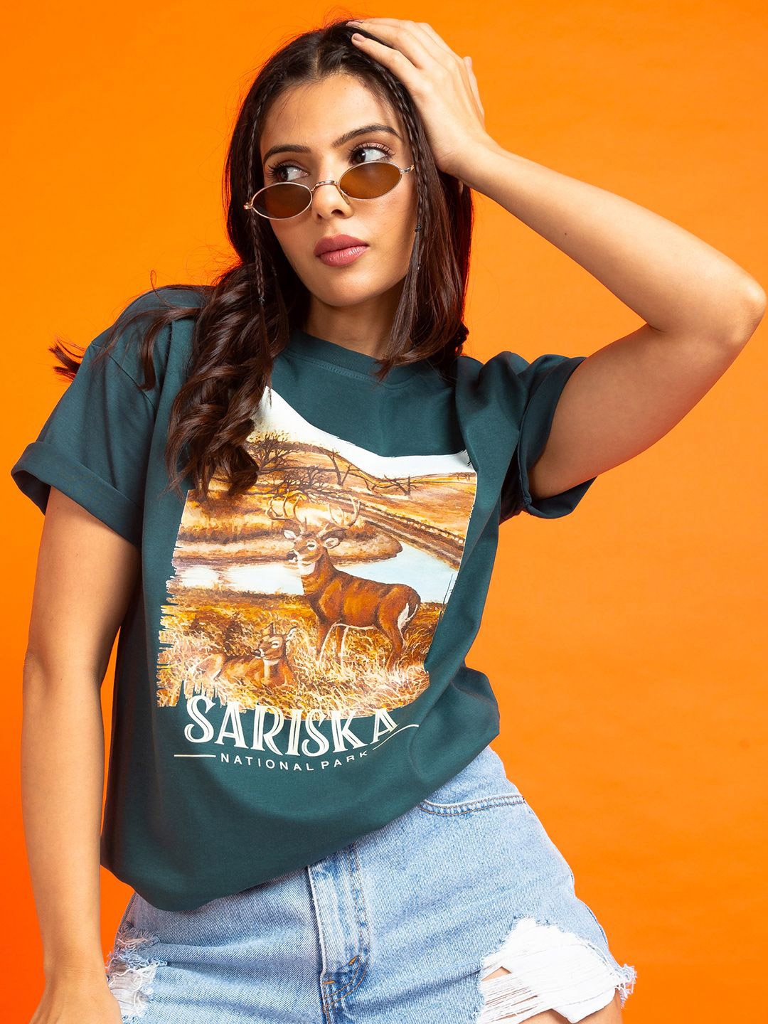 

The Roadster Lifestyle Co. Women Graphic Printed Round Neck Cotton Oversized T-shirt, Teal