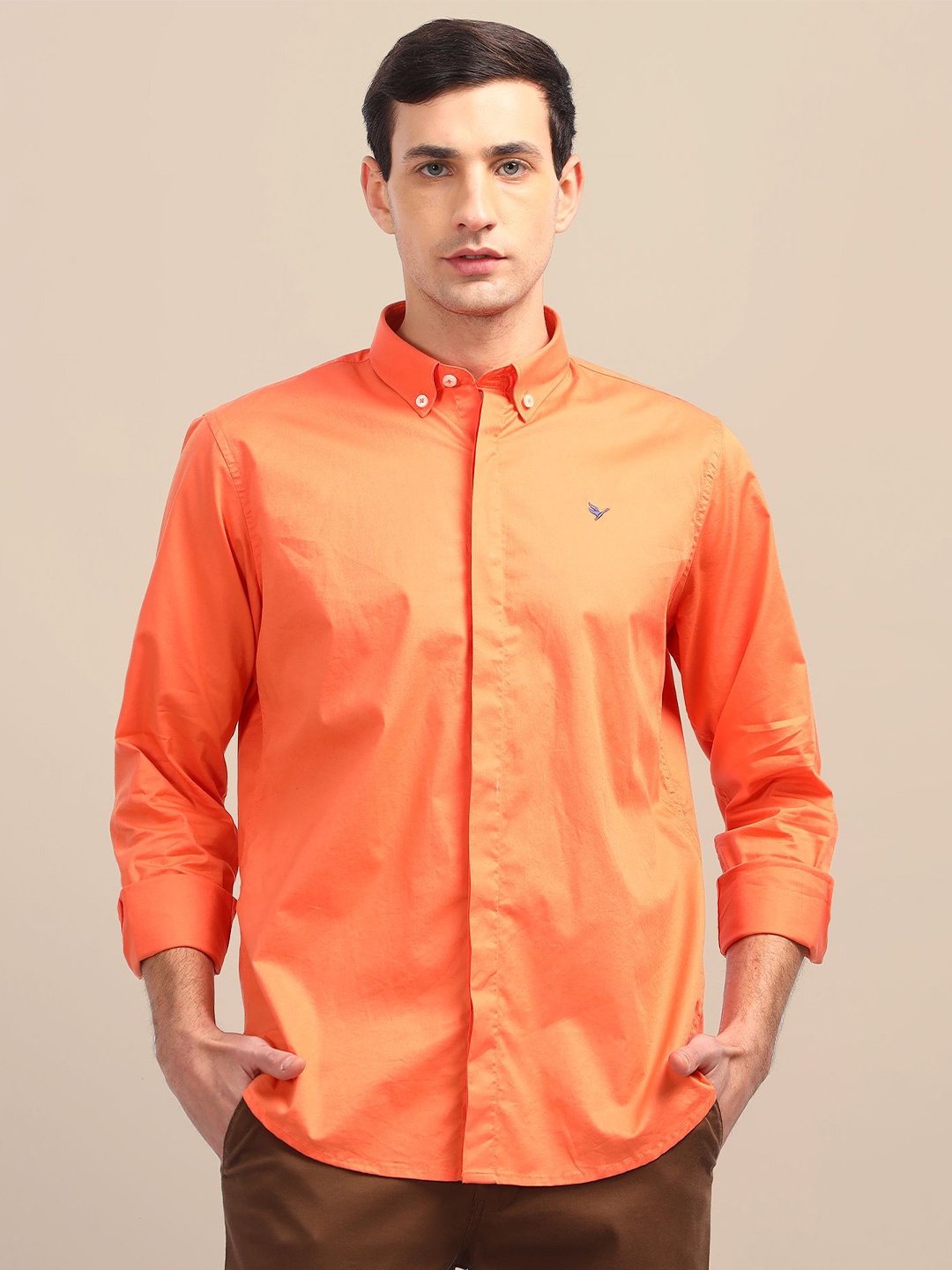 

AMSWAN Men Button-Down Collar Solid Cotton Casual Shirt, Orange