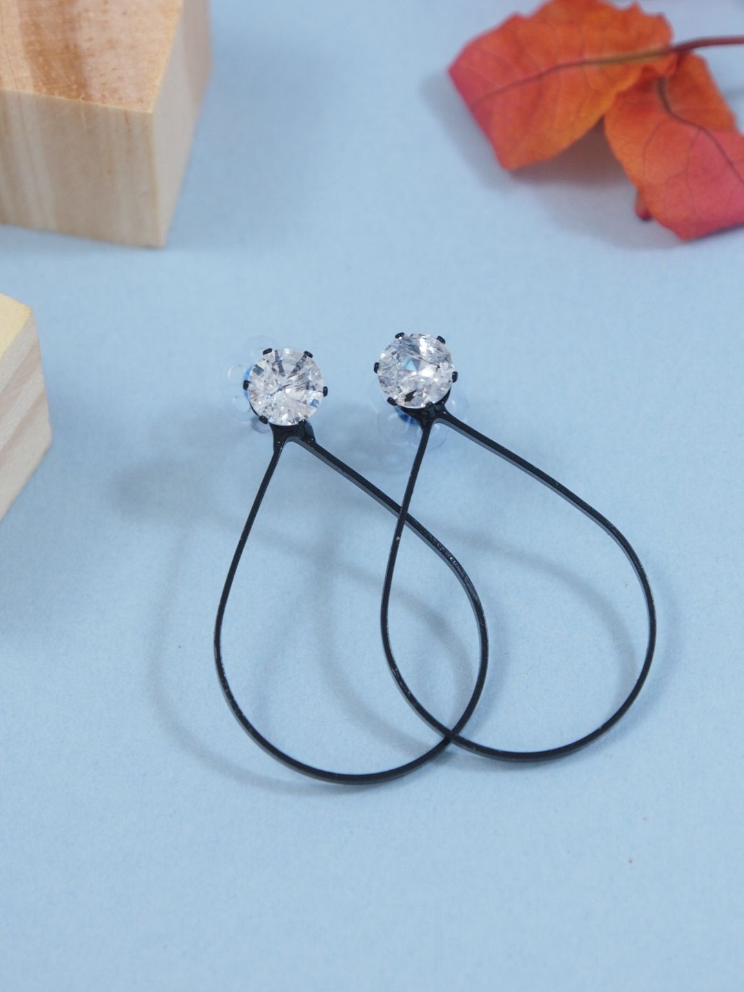 

I Jewels Artificial Stones Studded Teardrop Shaped Dangle Drop Earring, Black