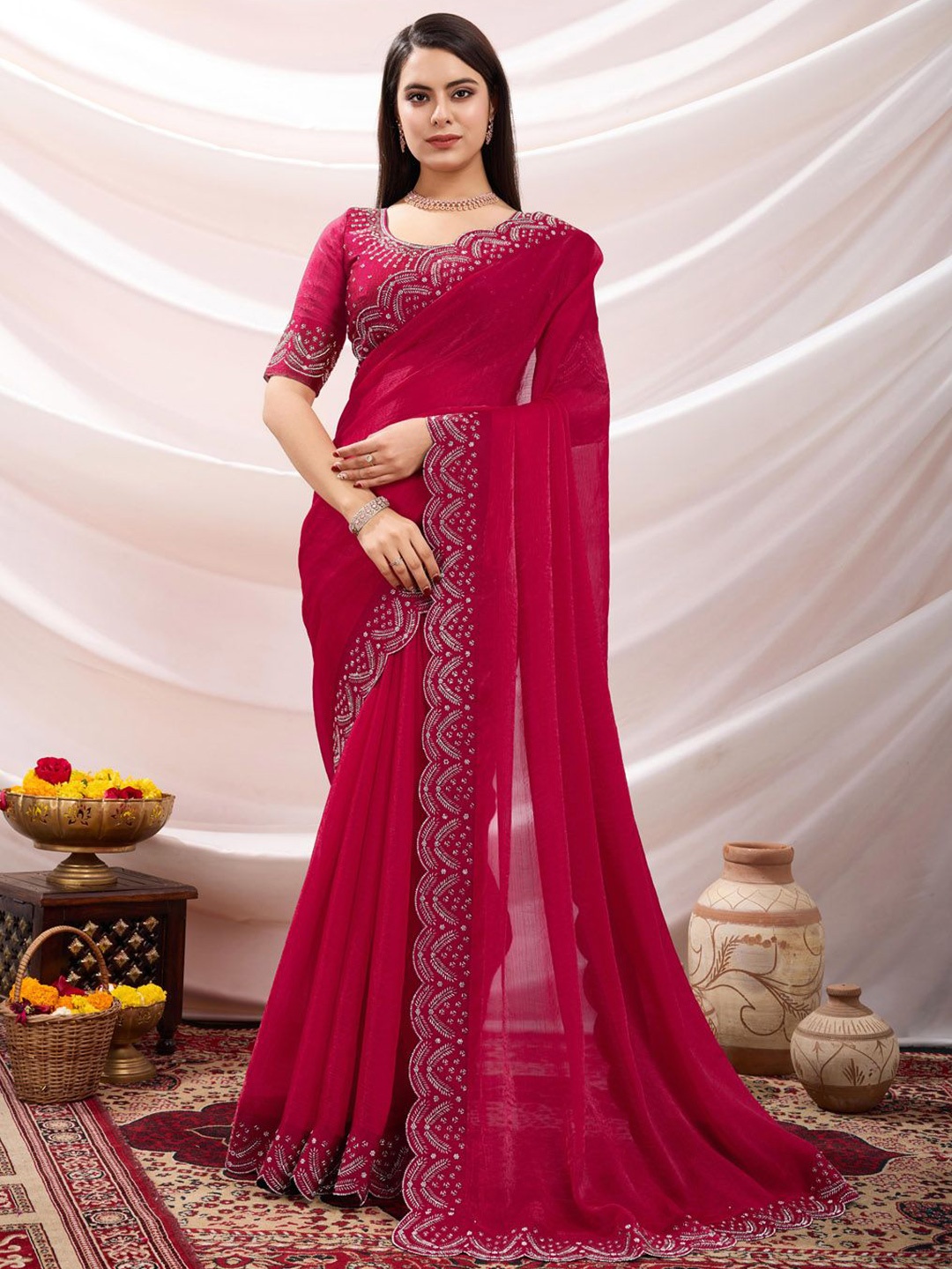 

Meena Bazaar Beads and Stones Art Silk Saree, Red