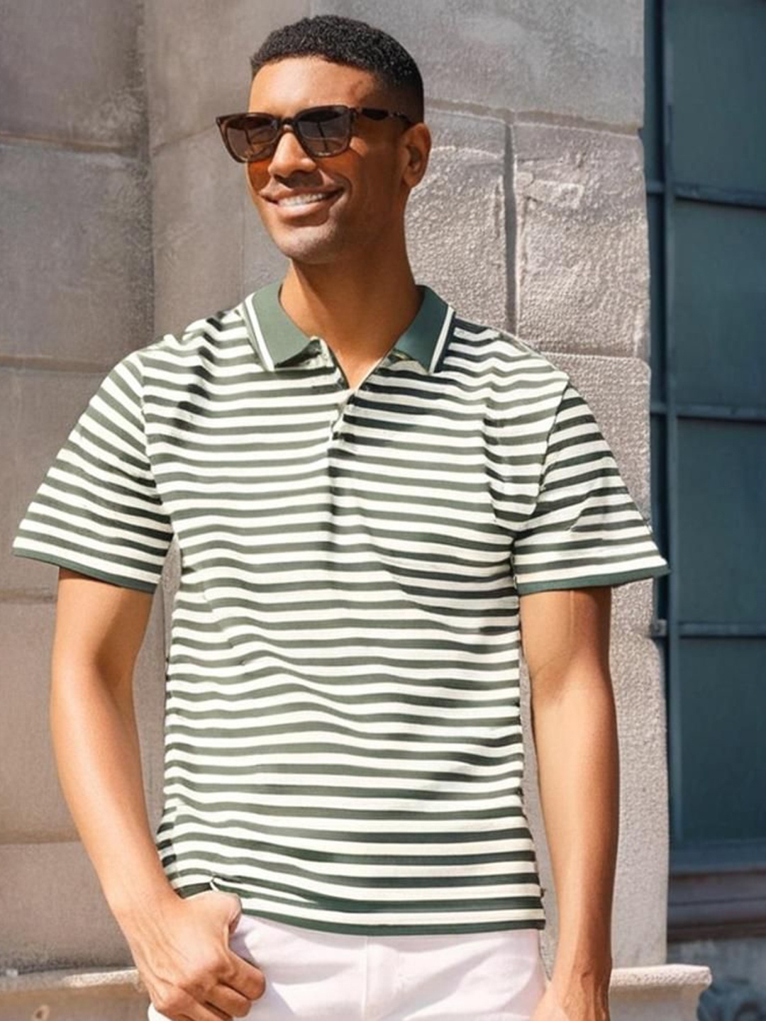 

MACK JONNEY Men Regular Fit Striped Polo Collar Cotton T-shirt, Green