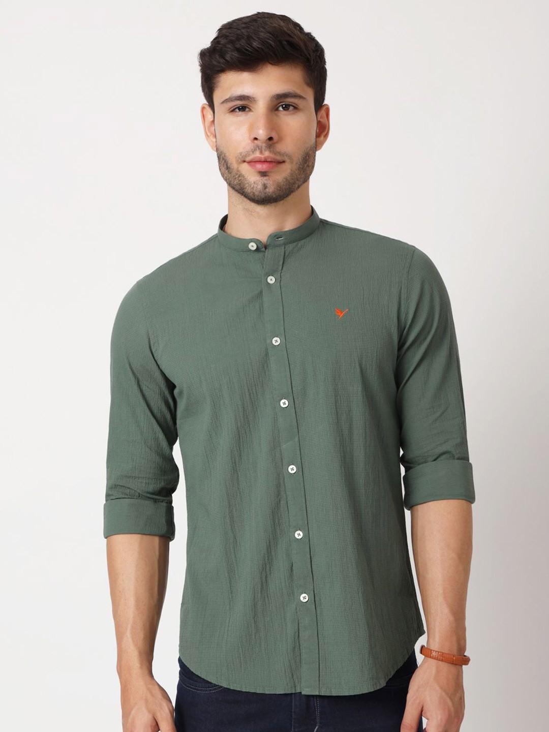 

AMSWAN Men Band Collar Textured Cotton Casual Shirt, Olive