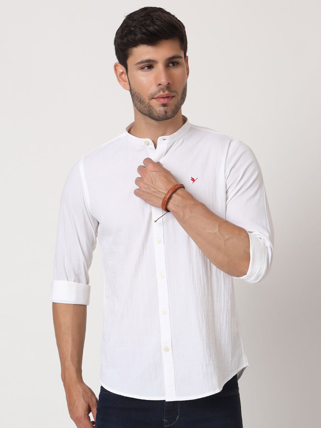 

AMSWAN Men Band Collar Textured Cotton Casual Shirt, White
