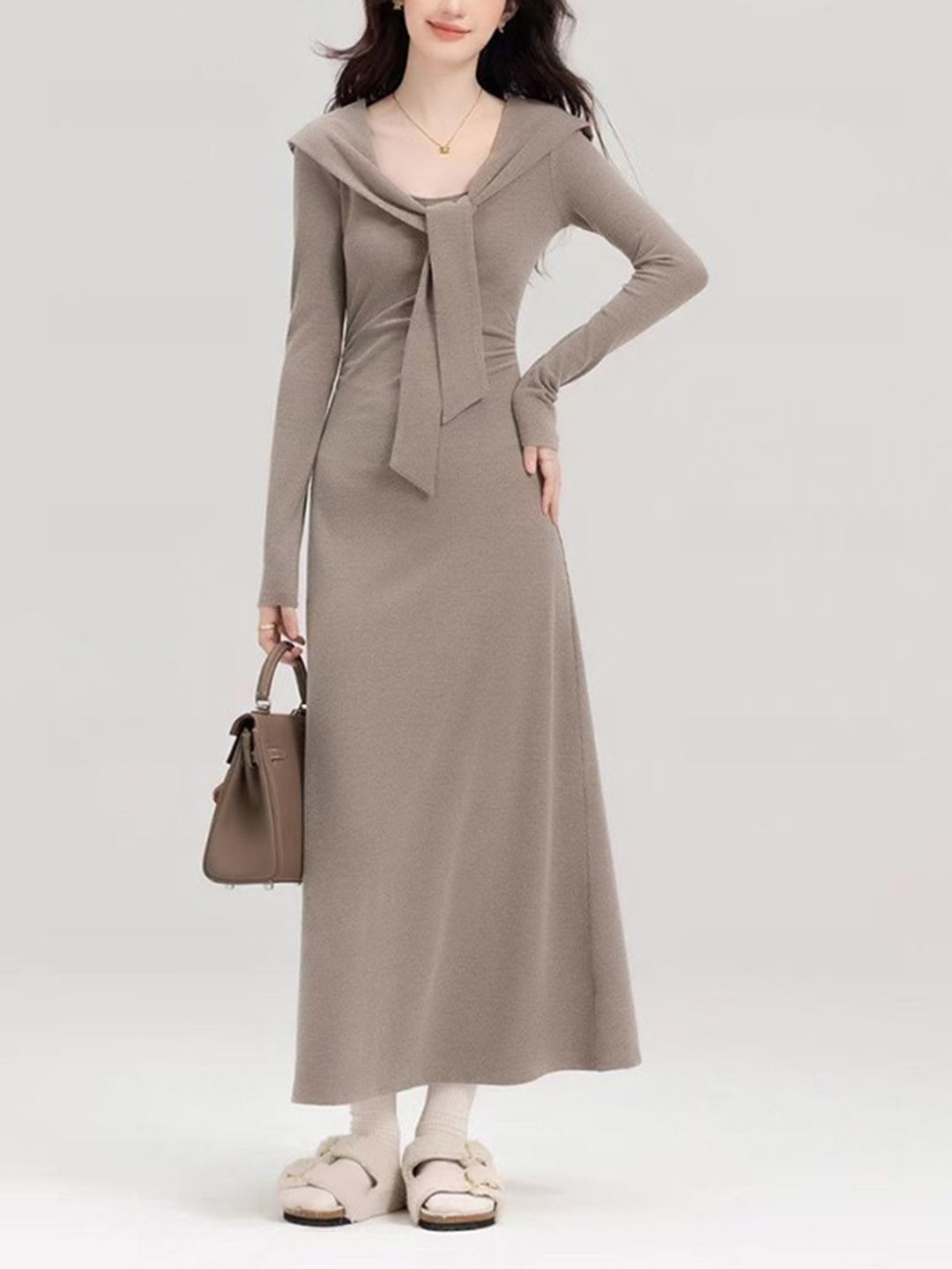 

DressBerry Women Tie-Up Neck A-line Midi Dress, Beige