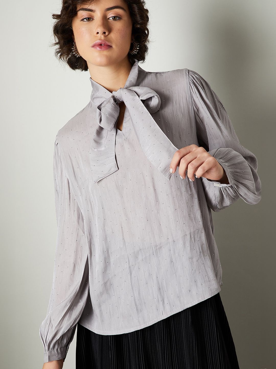 

max Women Embellished Tie-Up Neck Top, Grey
