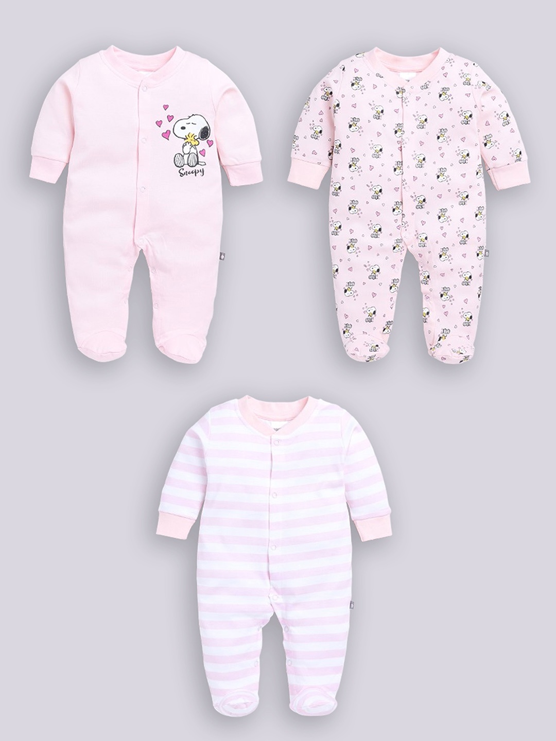 

YK X Tinyo Infants Boys Pack of 3 Printed Cotton Sleepsuit, Pink