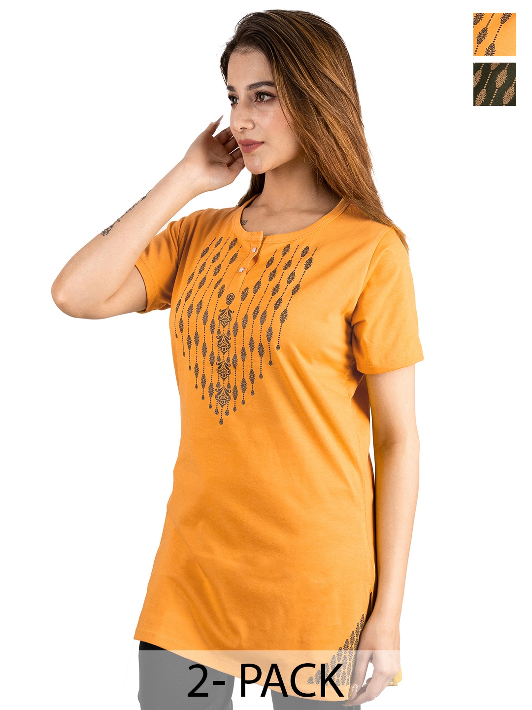 

URBE-URBAN EVOLUTION Women Pack Of 2 Floral Printed Longline Cotton T-shirt, Orange