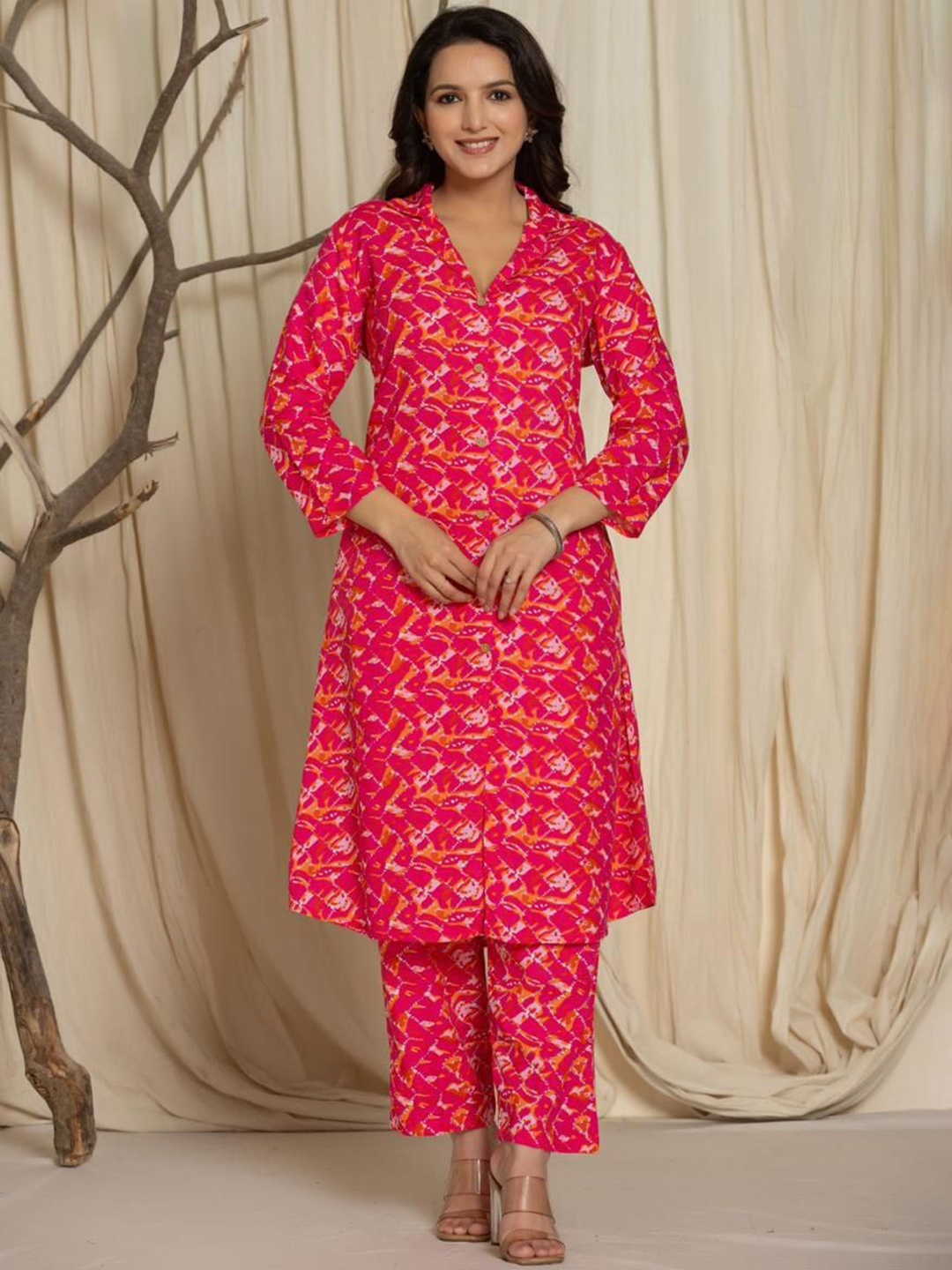 

Samhitas Pratha Floral Printed Shirt Collar Pure Cotton Tunic With Trouser, Pink