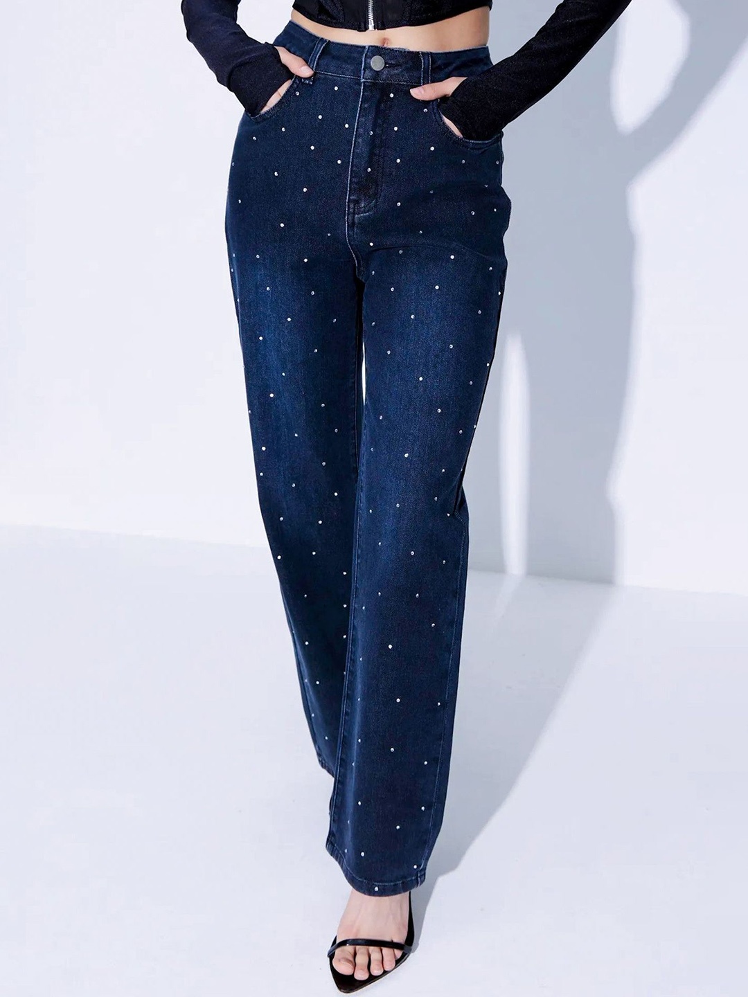 

Wear Your Words Women Rhinestone Embellished Wide Leg Jeans Stone Blue