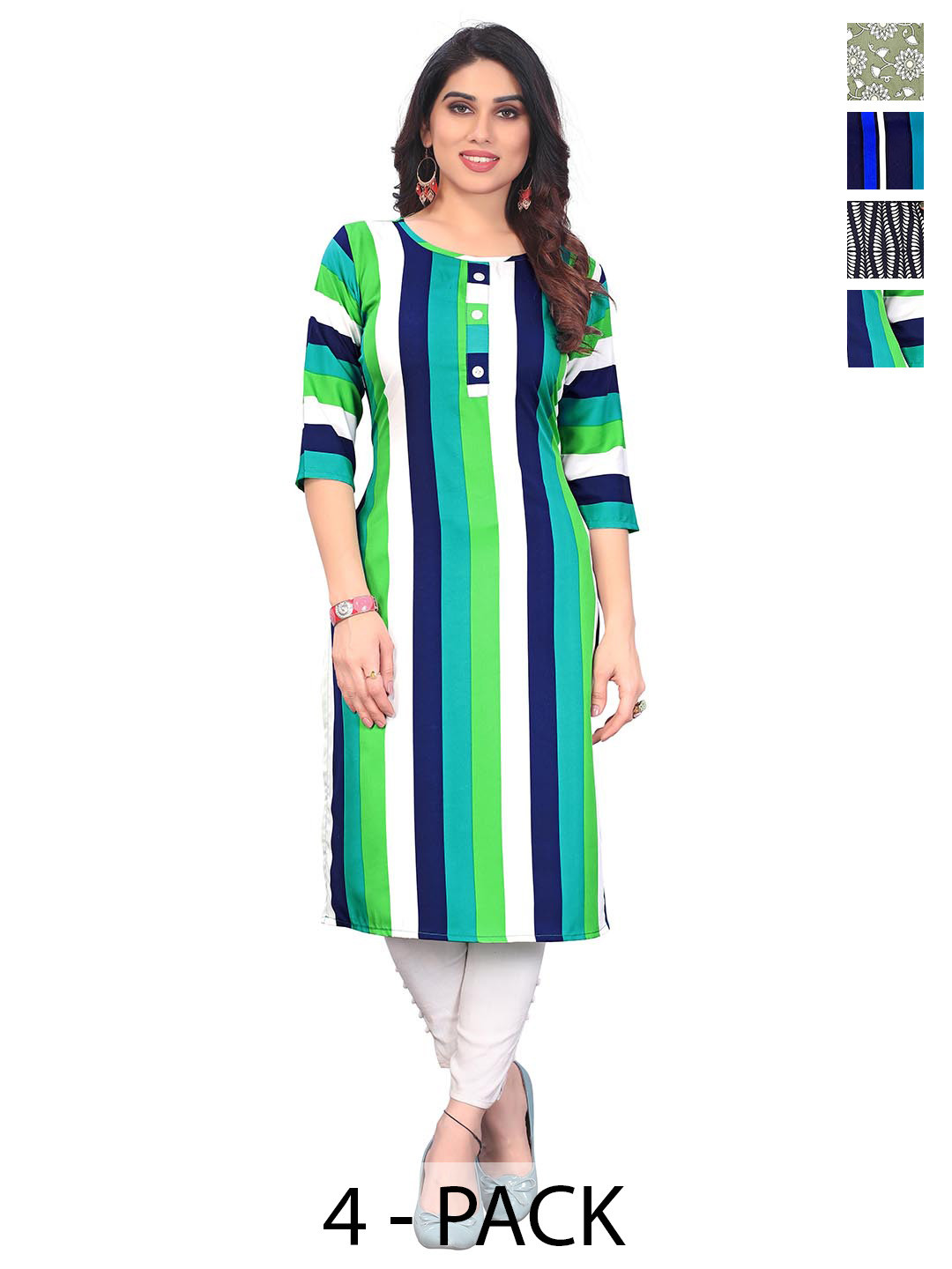

KETAKI FASHION Selection Of 4 Striped Round Neck Straight Kurtas, Blue