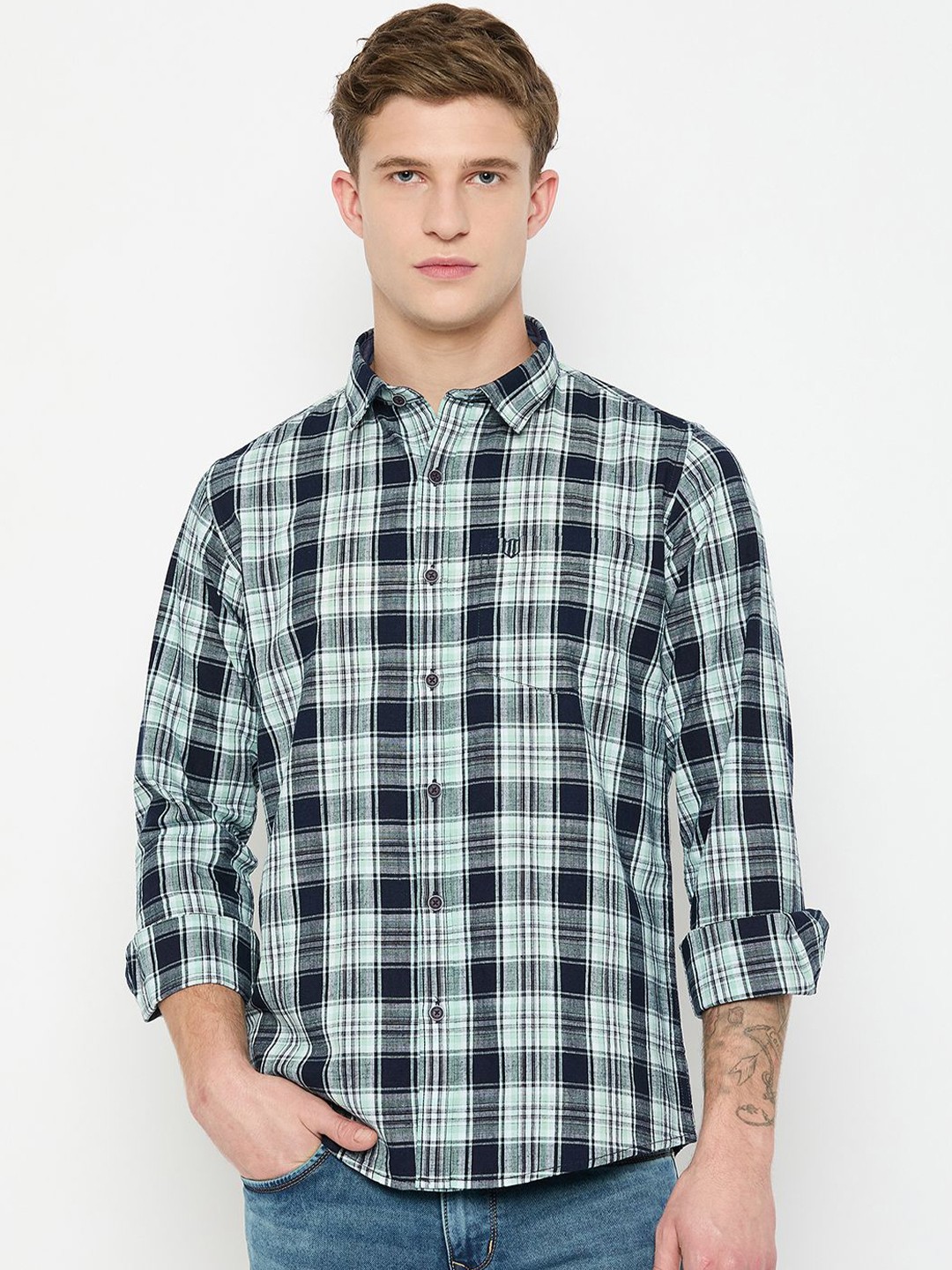 

Duke Men Spread Collar Tartan Checked Cotton Casual Shirt, Green