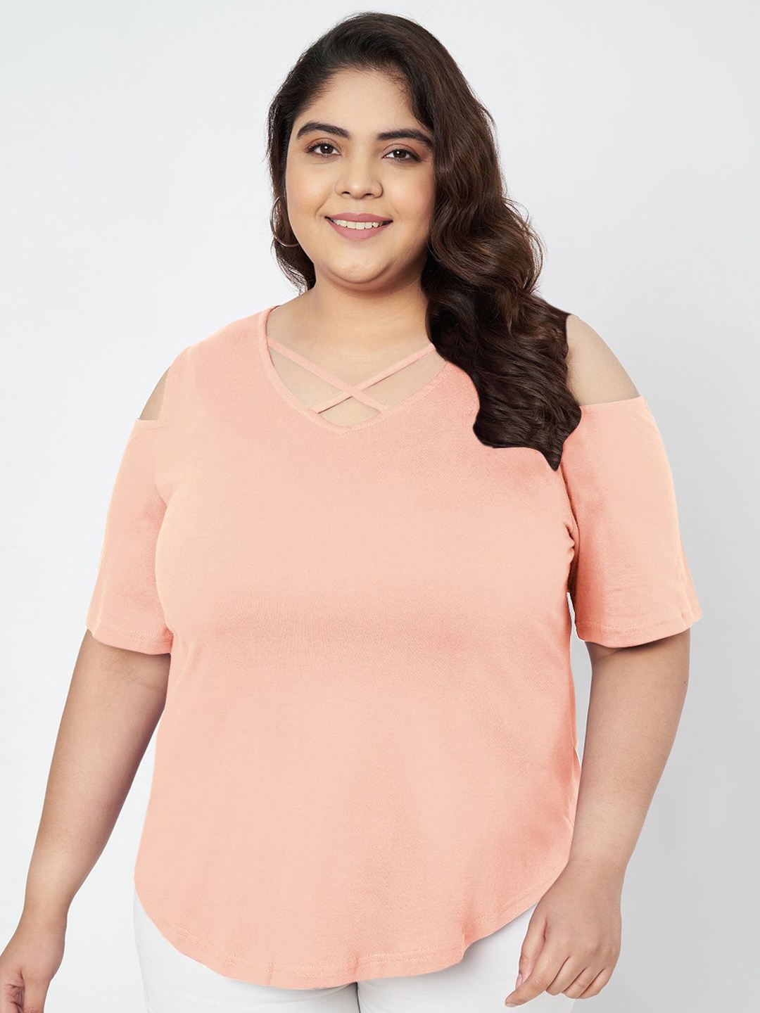 

BRINNS Plus Size Cut Out Detail Cotton Top, Peach