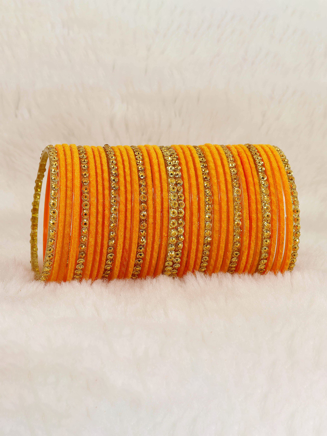 

ZULKA Set Of 34 Beads & Polka Dots Velvet Bangles, Orange