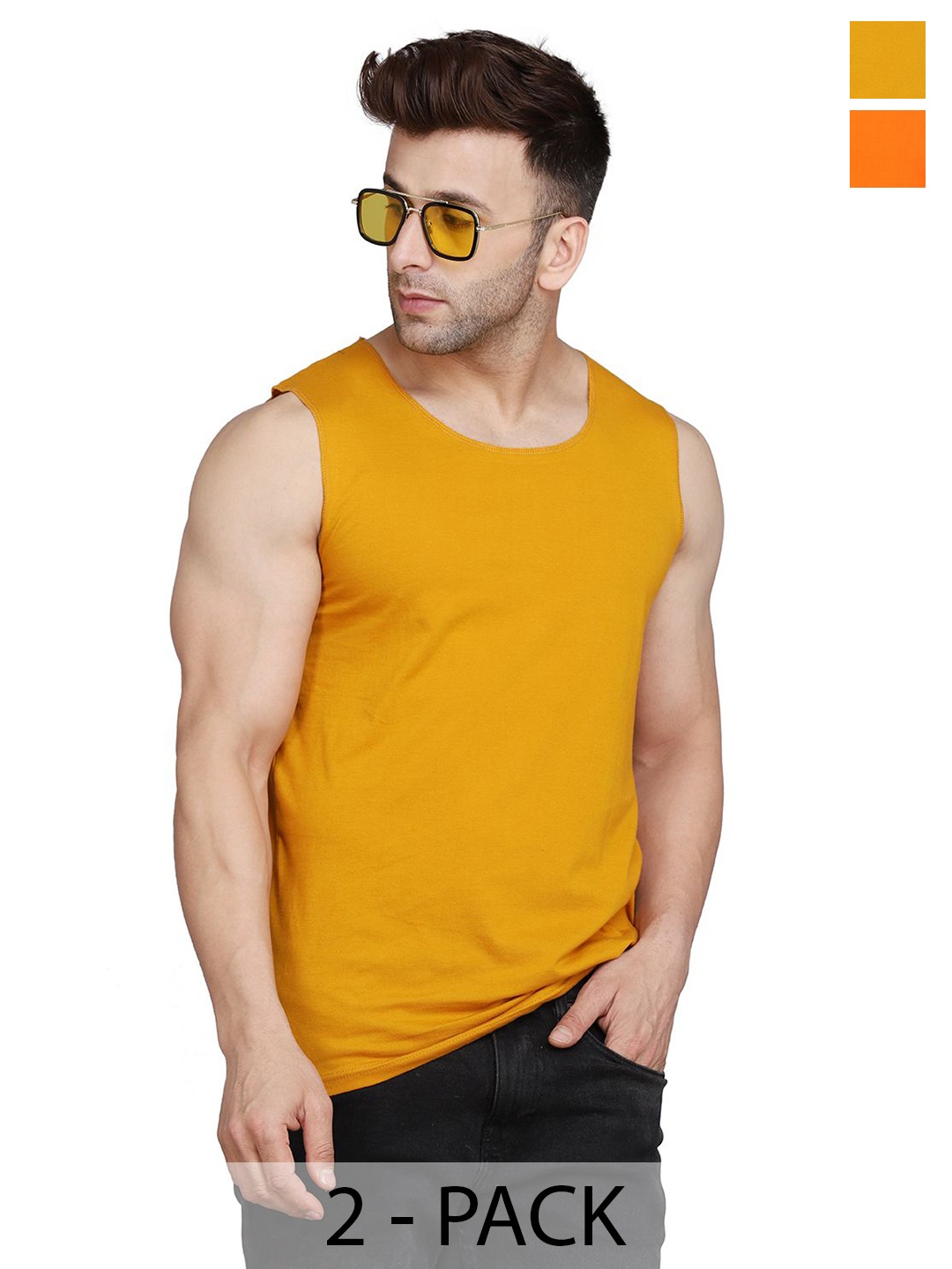 

Woostro Pack Of 2 Cotton Gym Vest, Mustard