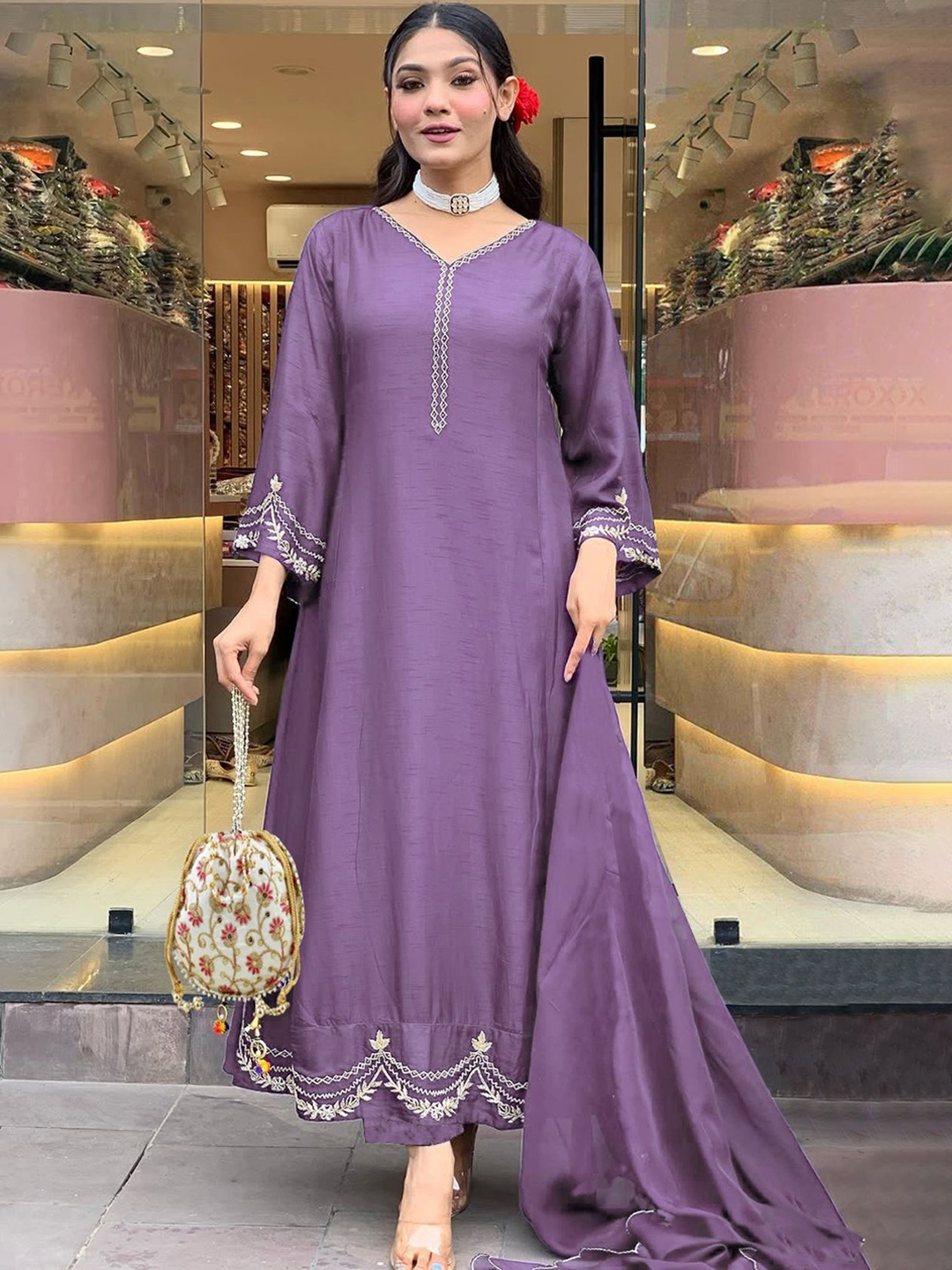 

Anni Designer Floral Embroidered V-Neck Anarkali Kurta with Trousers And Dupatta, Purple