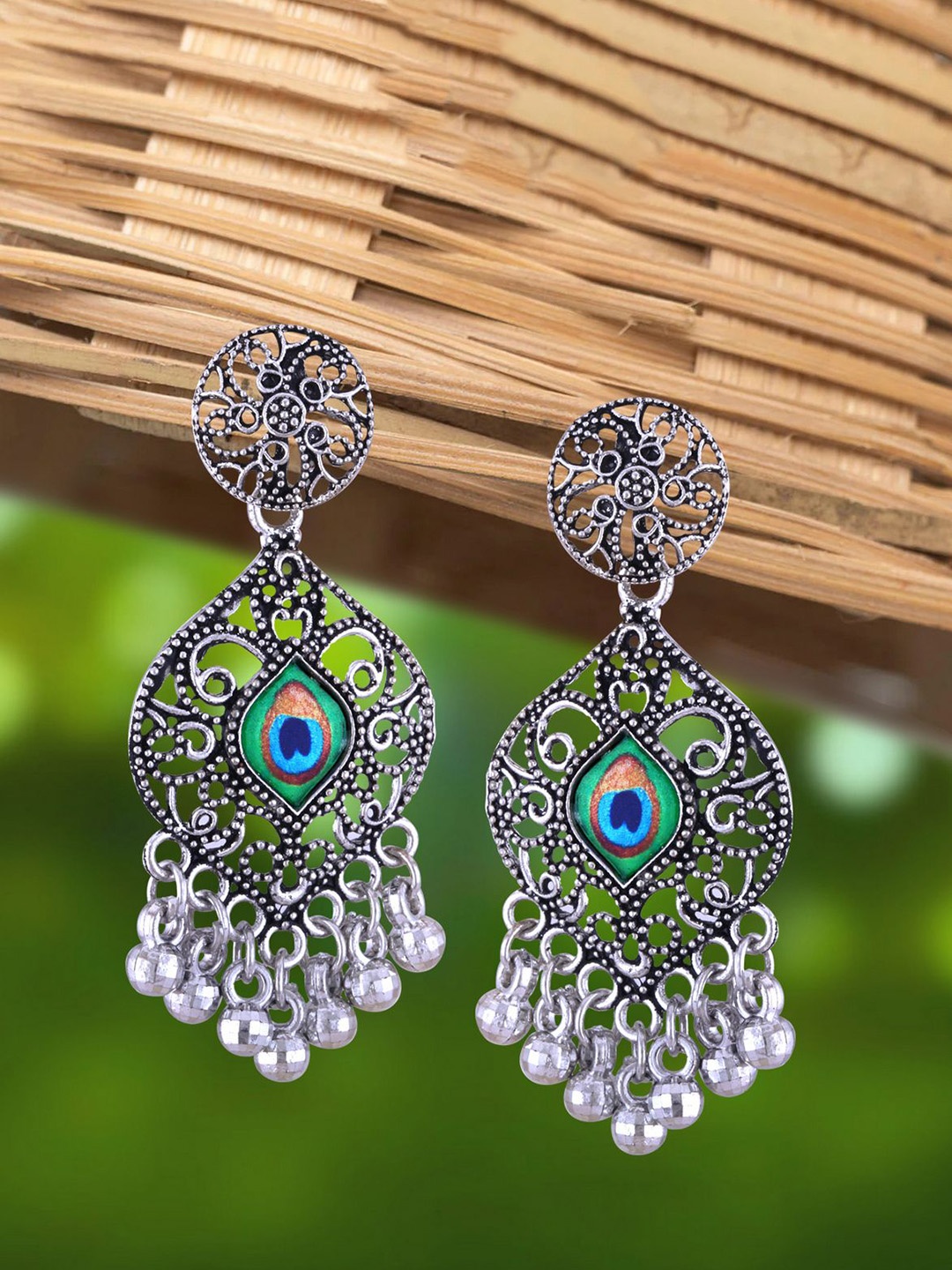

Anouk Green Rhodium-Plated Contemporary Shaped Oxidised Jhumkas, Silver