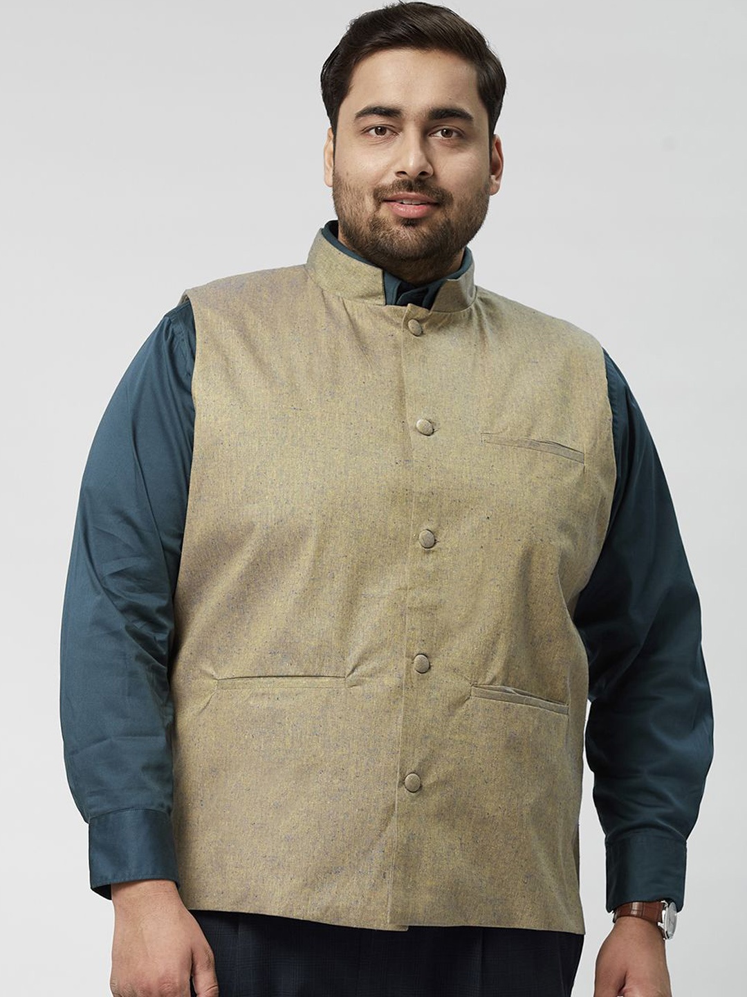 

Big Hello - The Plus Life Mandarin Collar Cotton Linen Bandhgala Waistcoat, Khaki