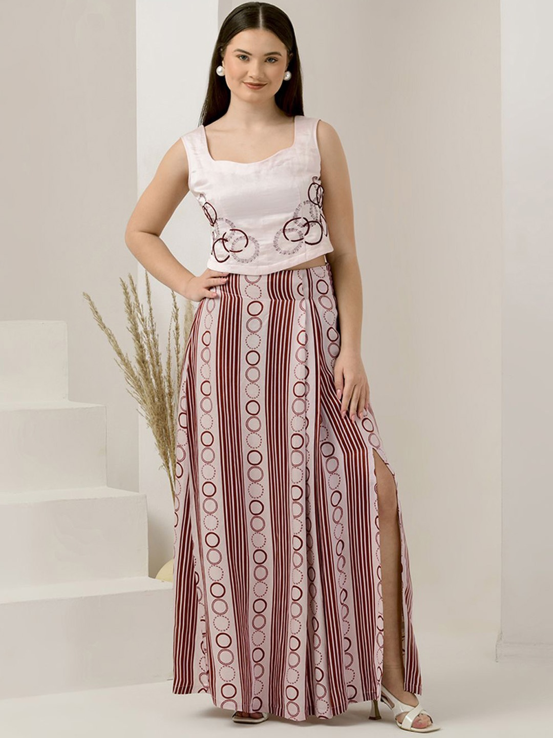 

First Resort by Ramola Bachchan Momoir Printed Square Neck Crop Top & Skirt, Pink