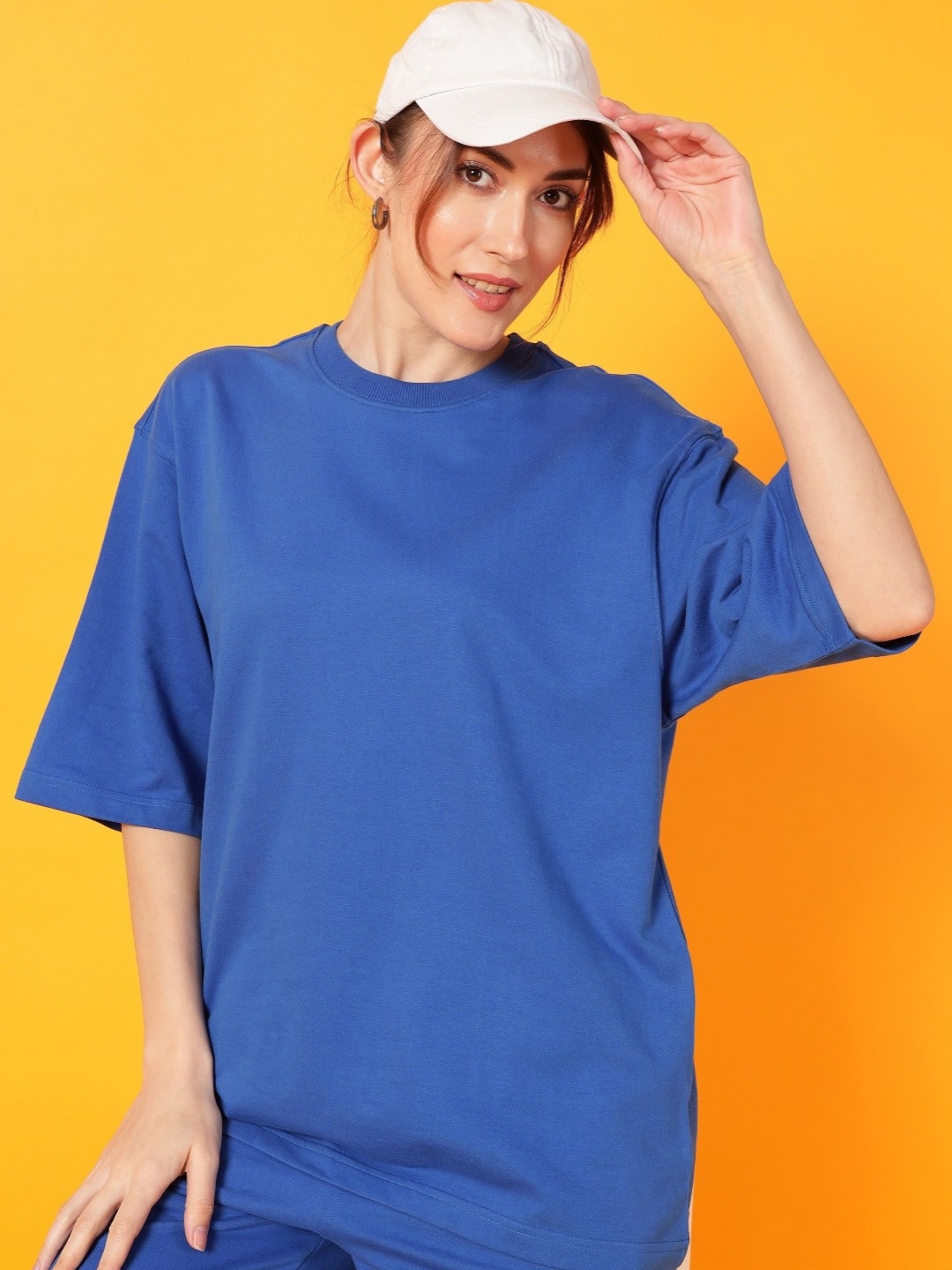 

PockMAN Women Bio Finish Solid Round Neck Cotton Oversized T-shirt, Blue