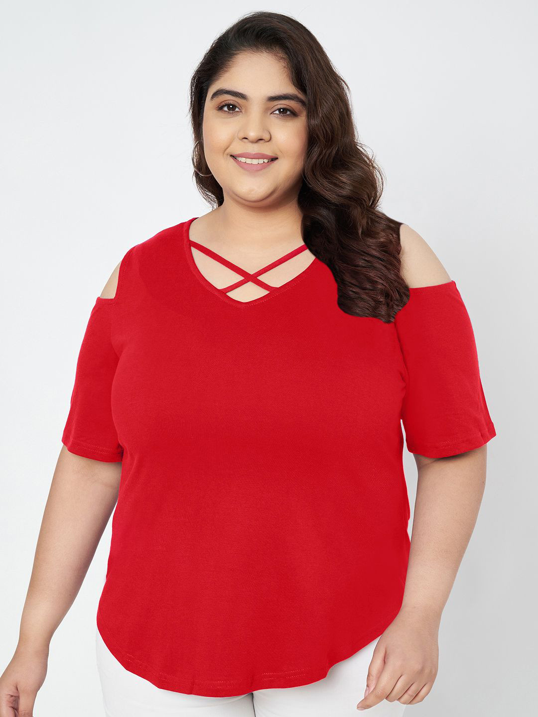 

BRINNS Plus Size Cut Out Detail Cotton Top, Red