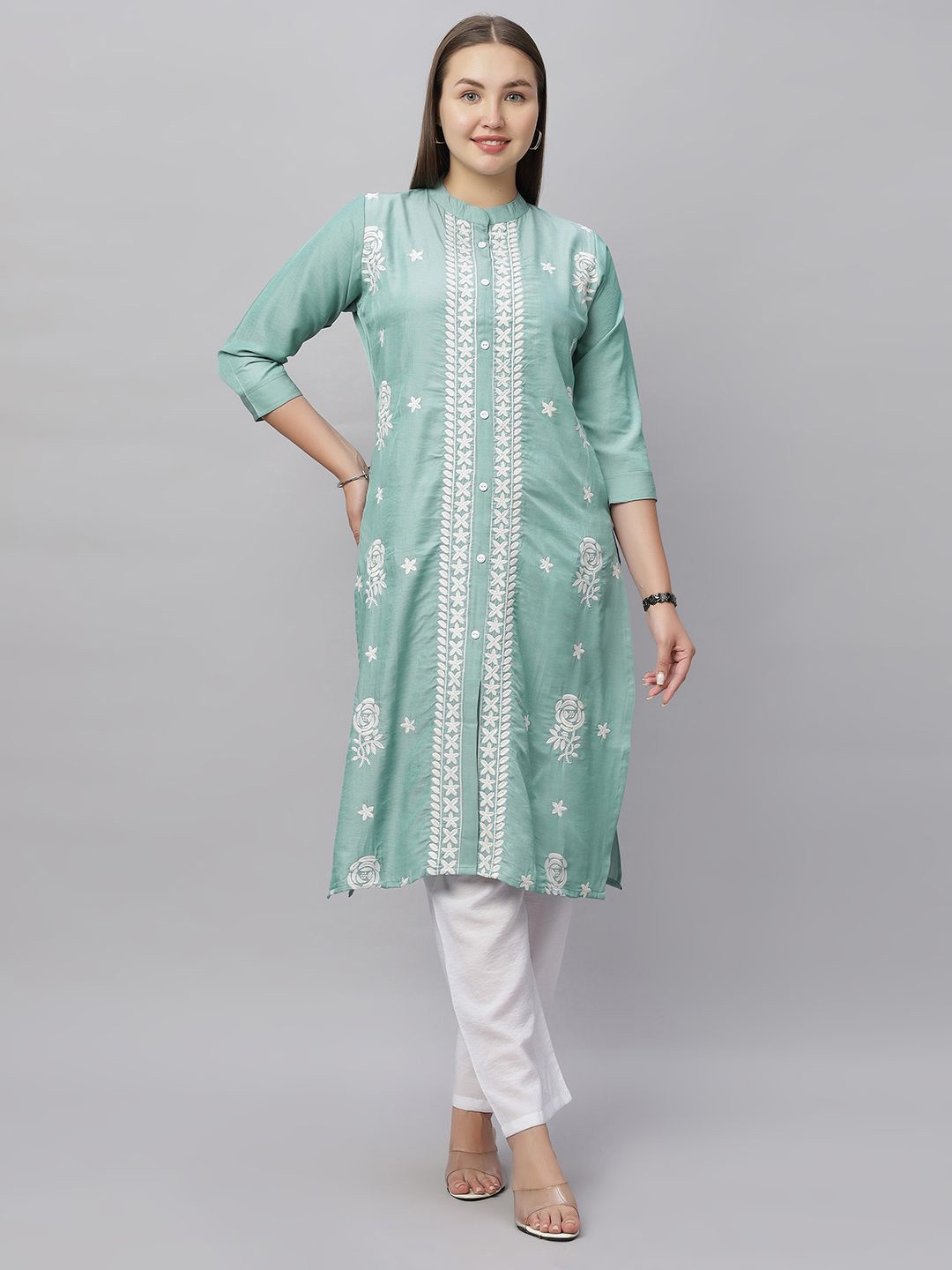 

SK Creation Ethnic Motifs Embroidered Mandarin Collar Thread Work Kurta, Sea green